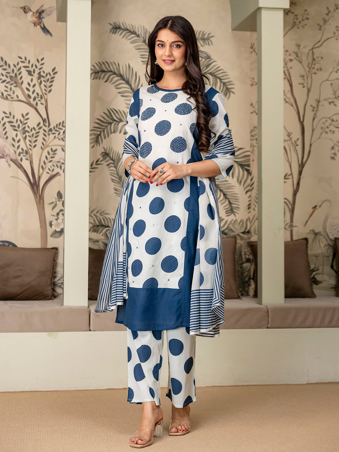 Womens pure cotton polka print Kurta Pant Dupatta set