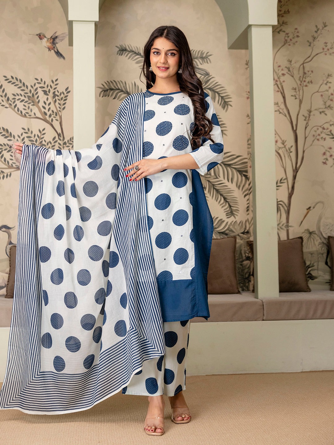 Womens pure cotton polka print Kurta Pant Dupatta set