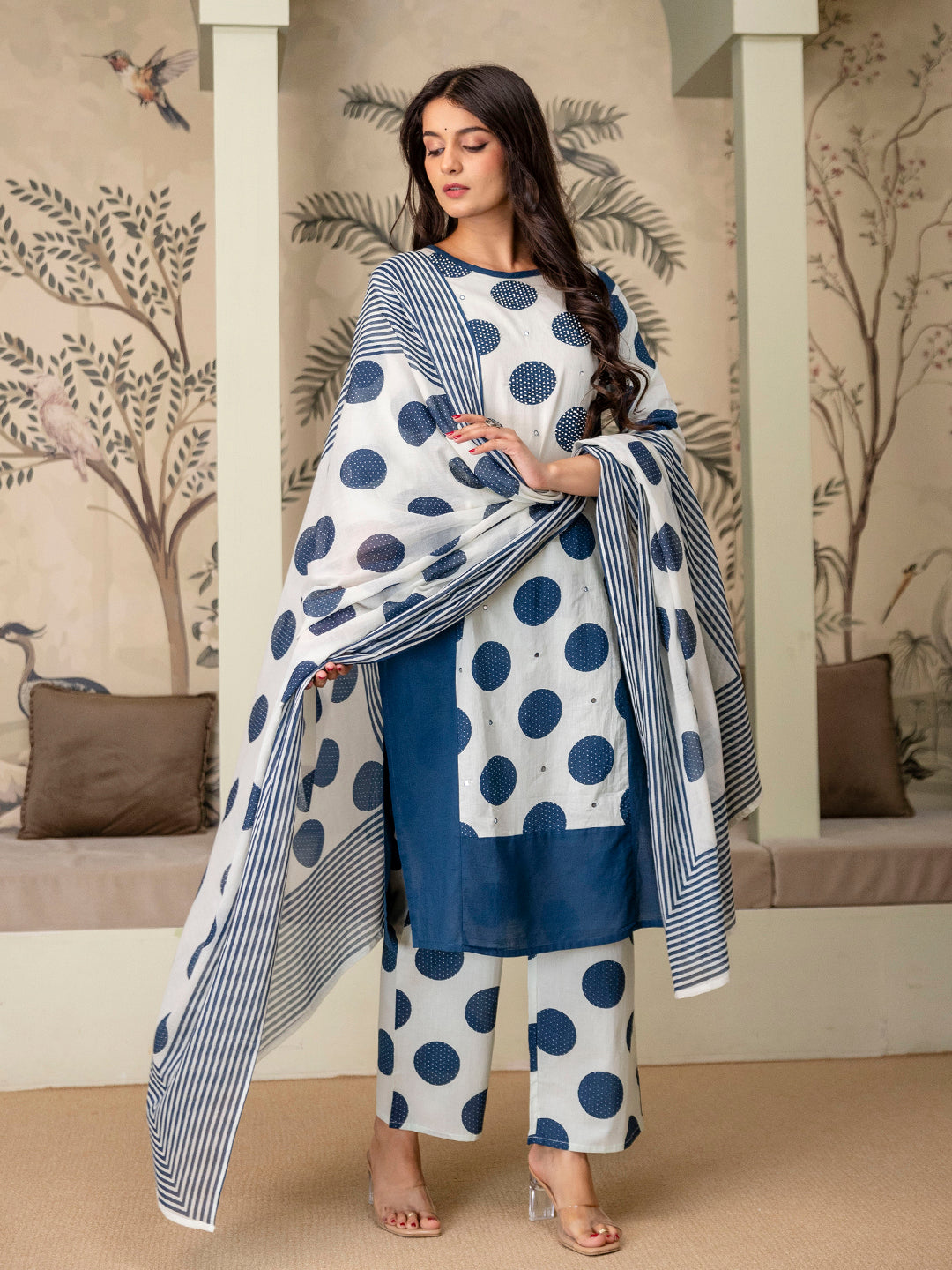 Womens pure cotton polka print Kurta Pant Dupatta set
