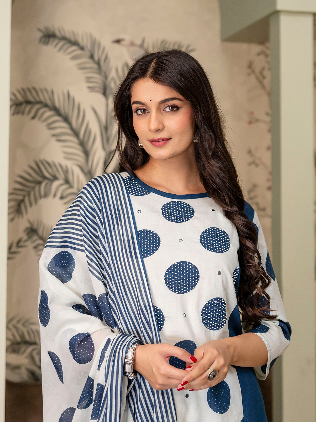 Womens pure cotton polka print Kurta Pant Dupatta set