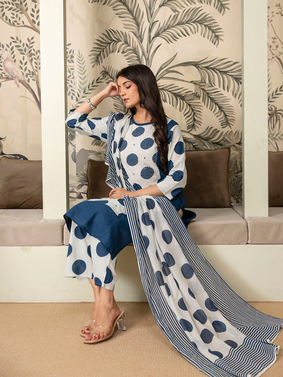 Womens pure cotton polka print Kurta Pant Dupatta set