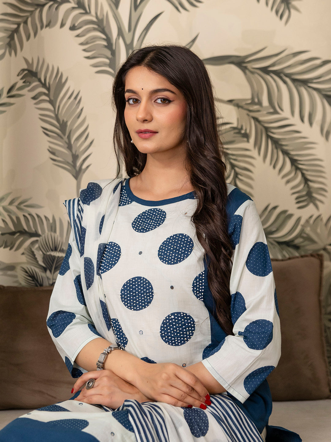 Womens pure cotton polka print Kurta Pant Dupatta set