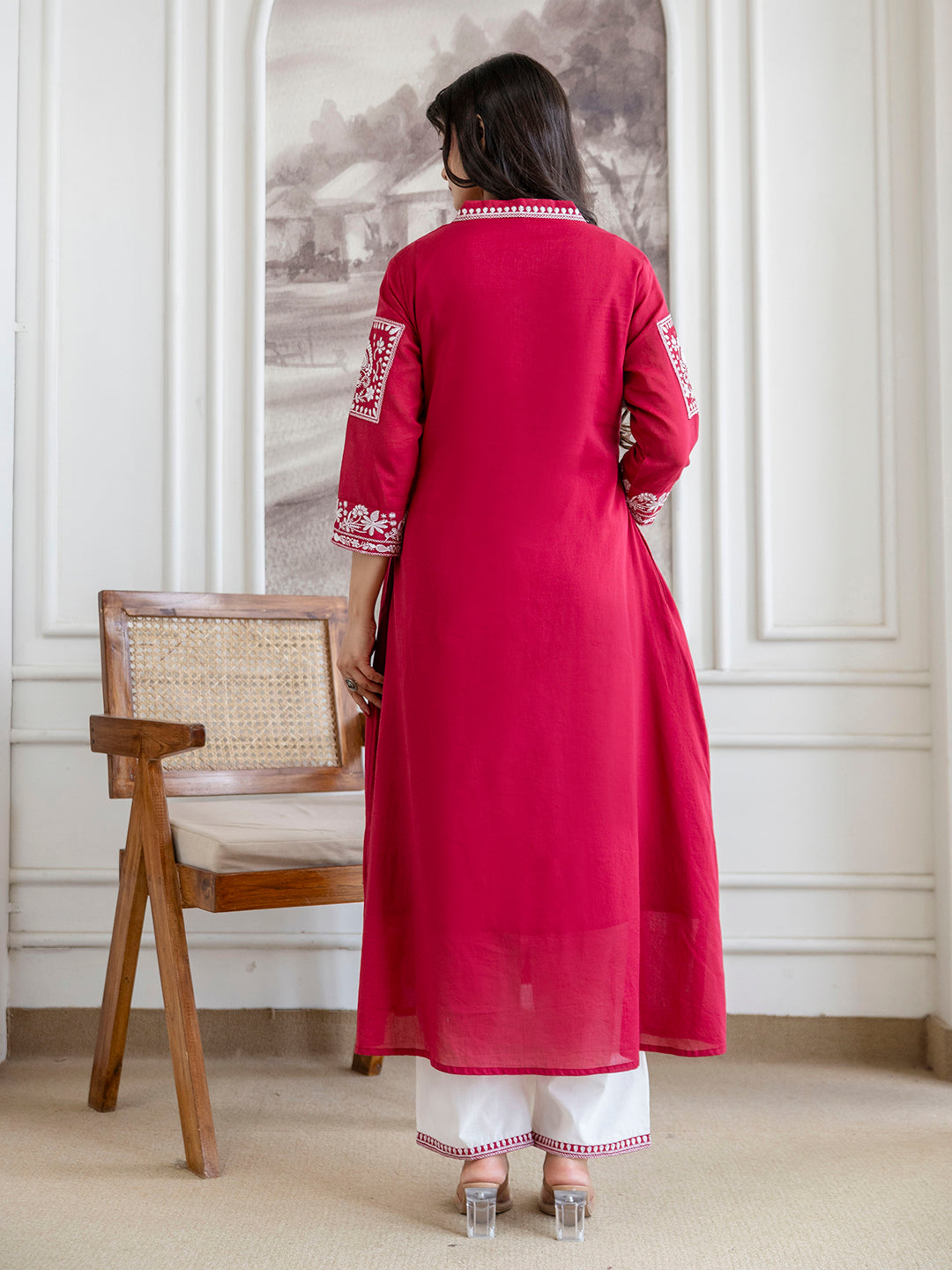 Women mal cotton embroidered kurta pant dupatta set