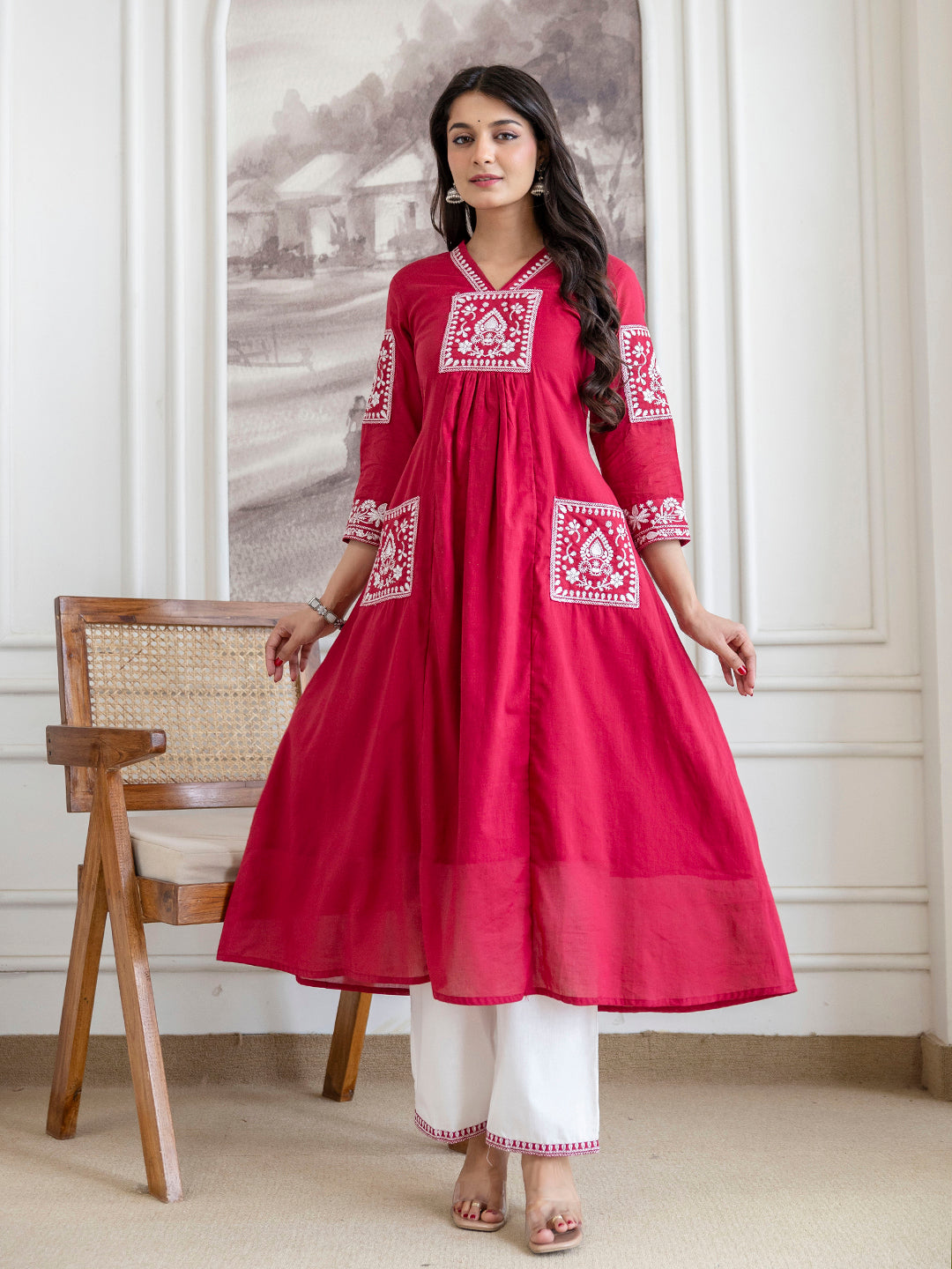 Women mal cotton embroidered kurta pant dupatta set