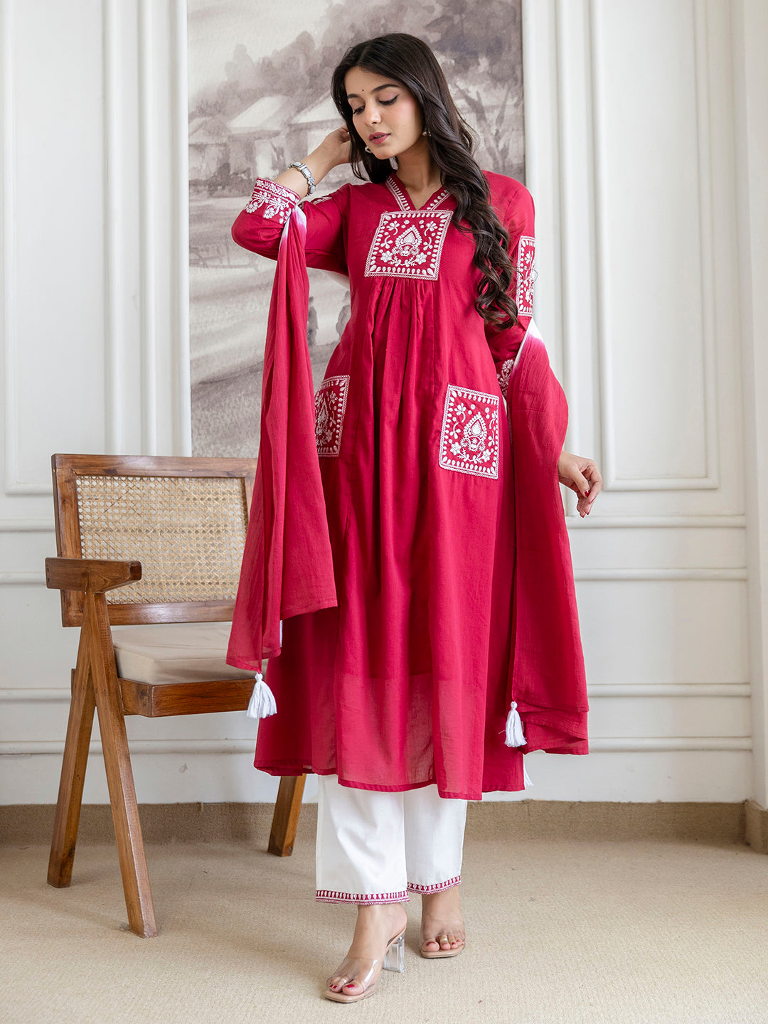 Women mal cotton embroidered kurta pant dupatta set