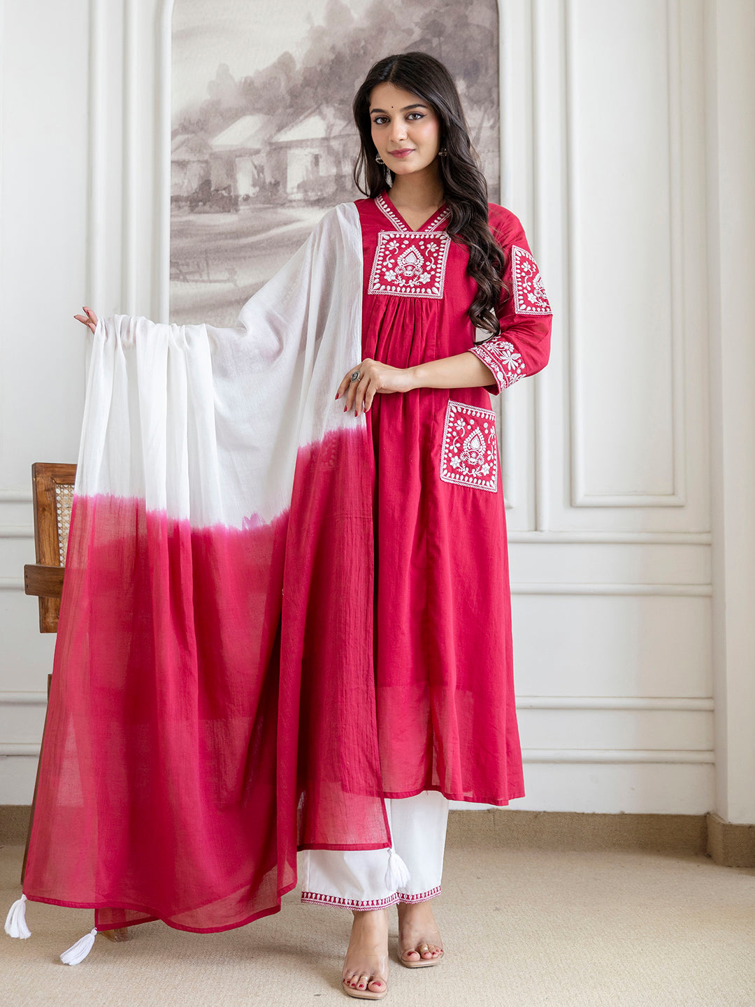 Women mal cotton embroidered kurta pant dupatta set