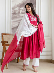 Women mal cotton embroidered kurta pant dupatta set