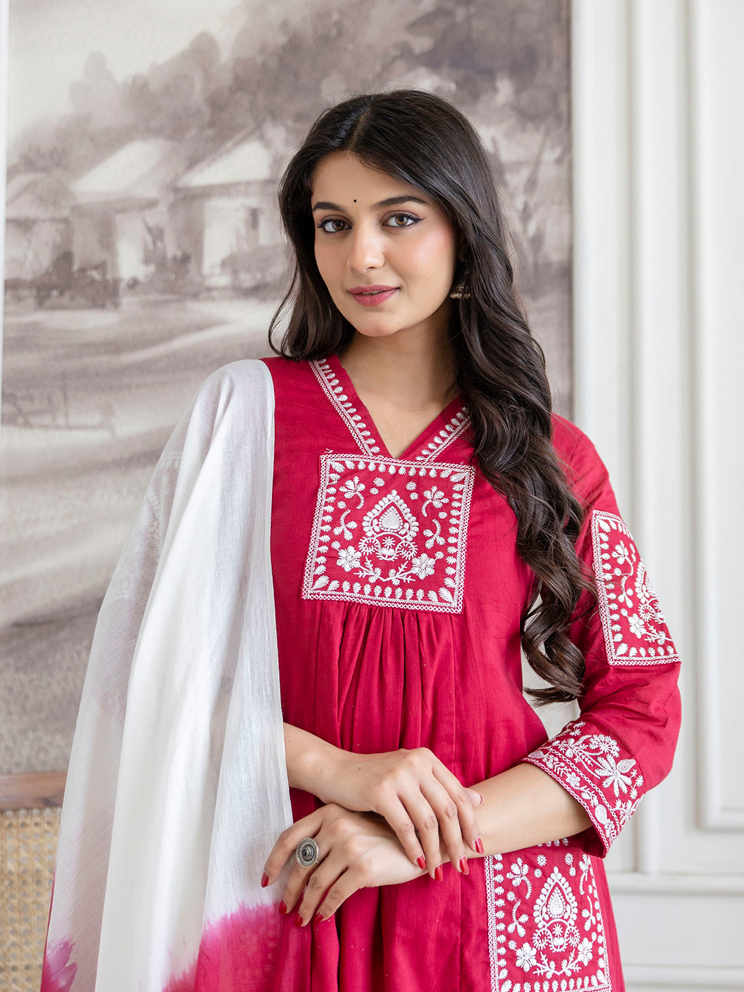 Women mal cotton embroidered kurta pant dupatta set