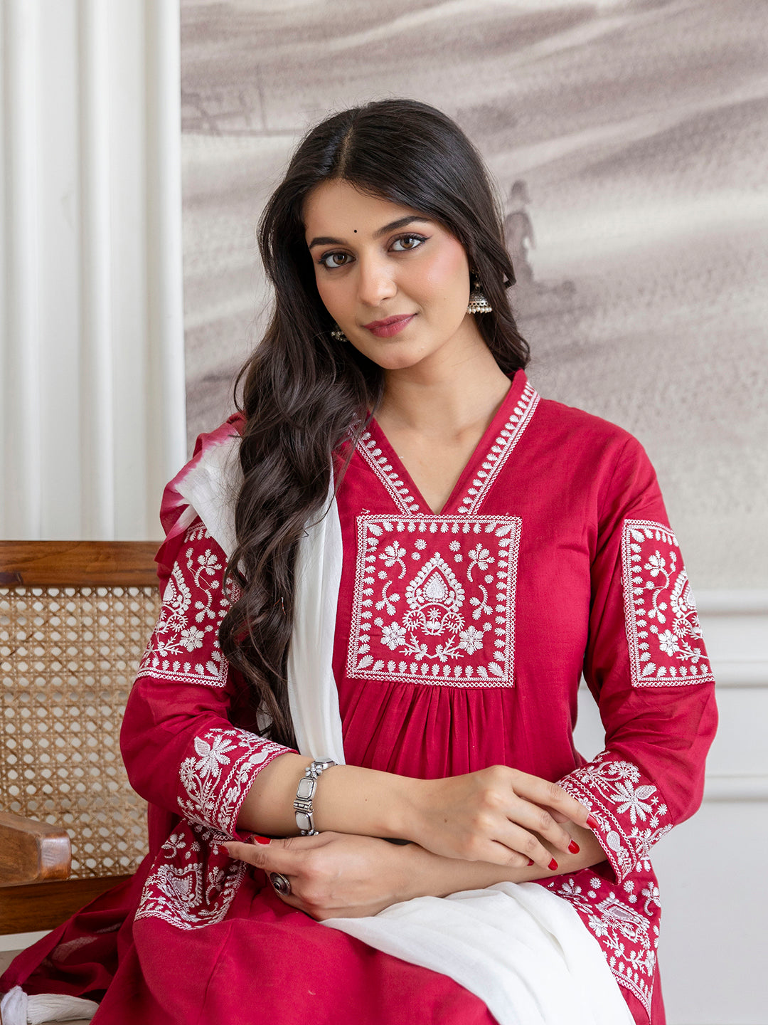 Women mal cotton embroidered kurta pant dupatta set