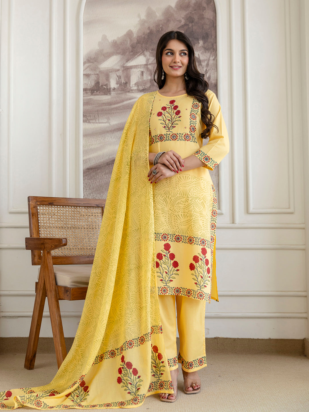 Womens pure cotton Hand Block print Kurta Pant Dupatta set