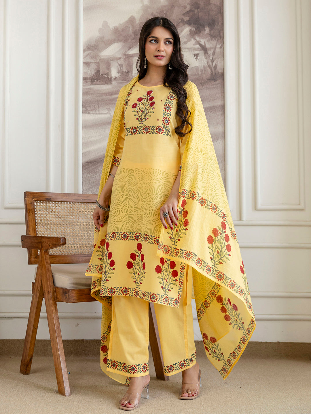 Womens pure cotton Hand Block print Kurta Pant Dupatta set