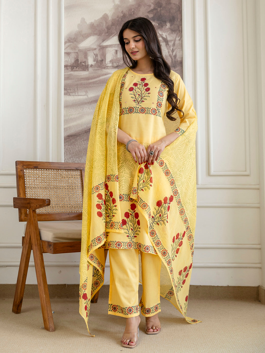 Womens pure cotton Hand Block print Kurta Pant Dupatta set