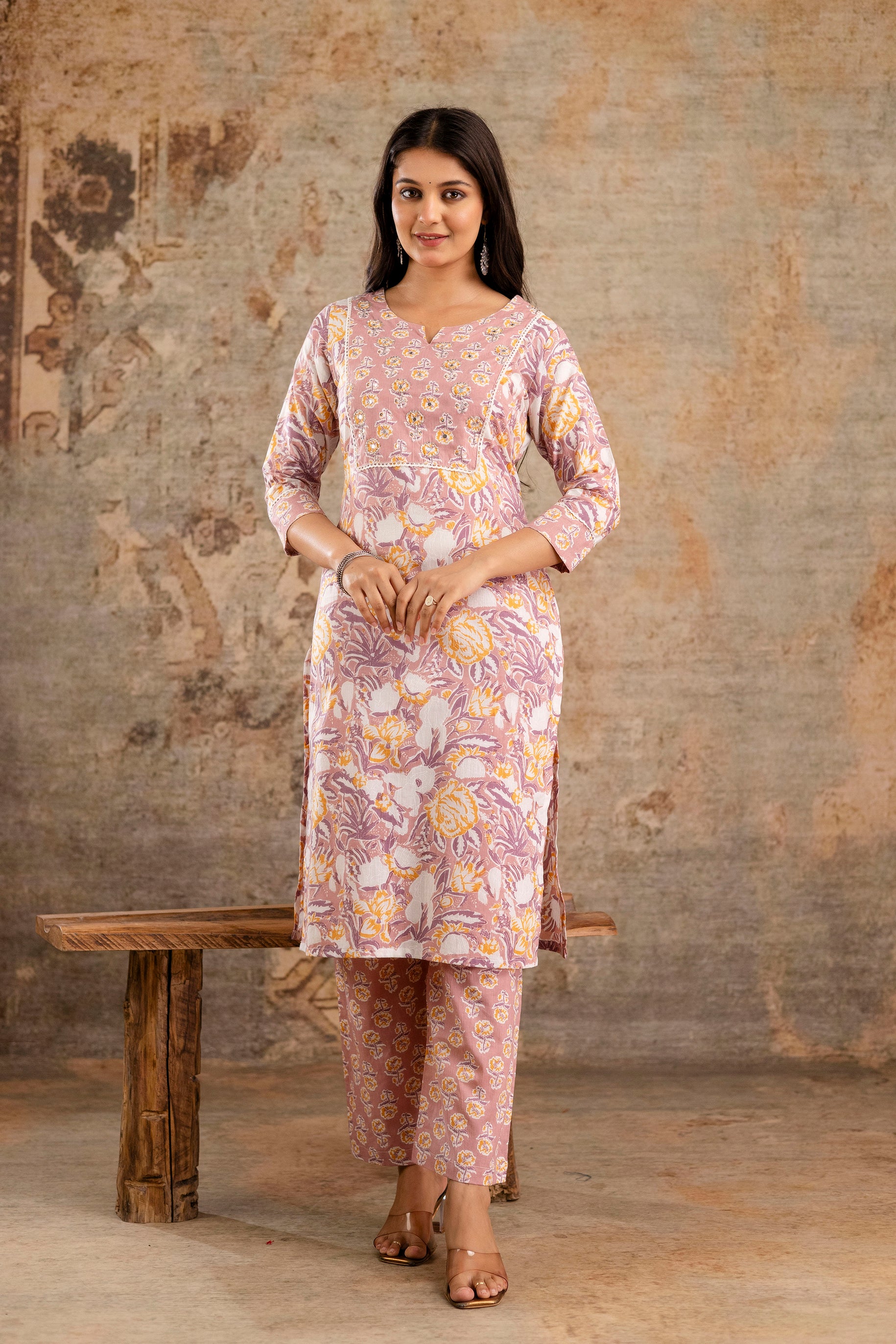 Pure cotton floral print Hand work Kurta pant dupatta set