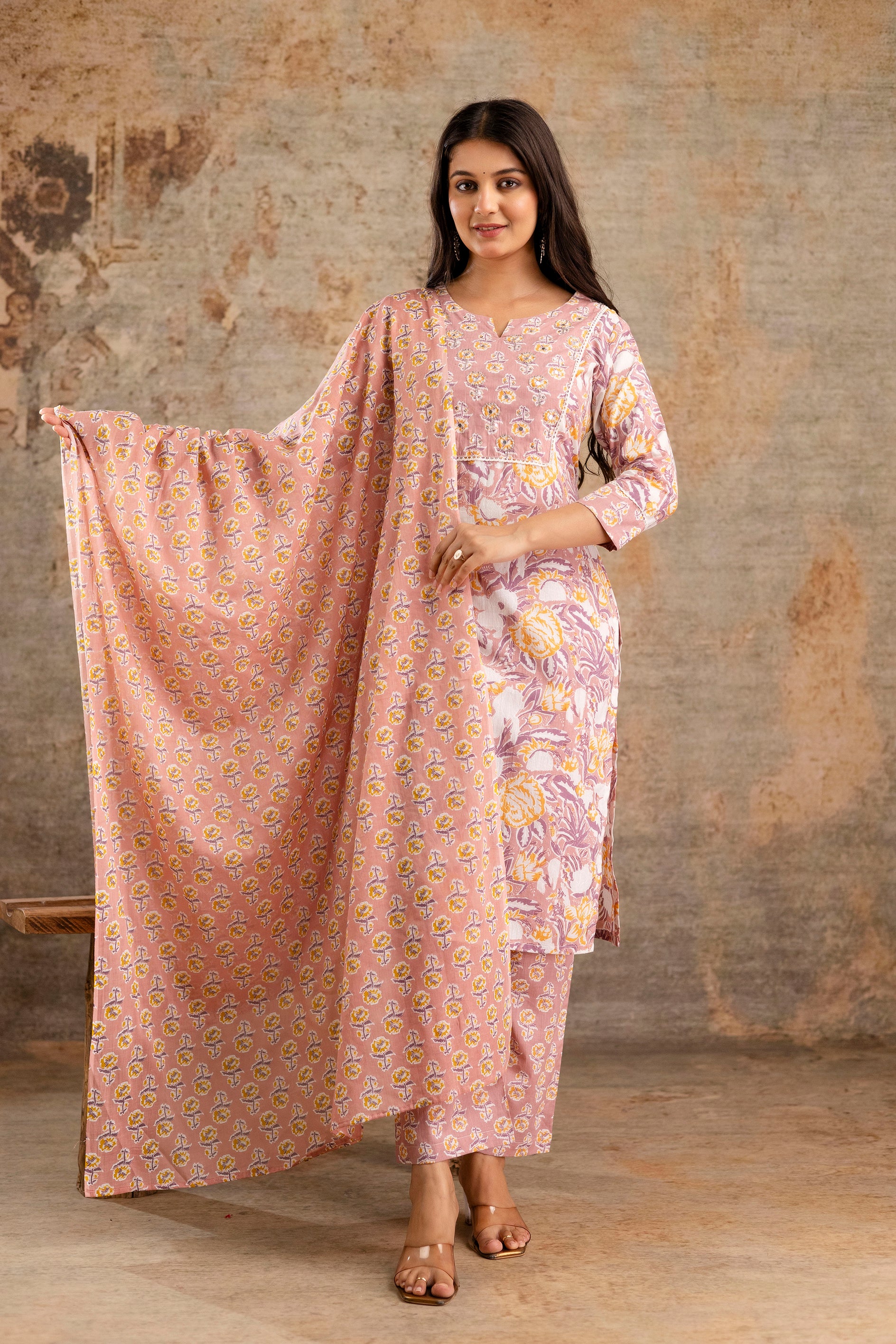 Pure cotton floral print Hand work Kurta pant dupatta set