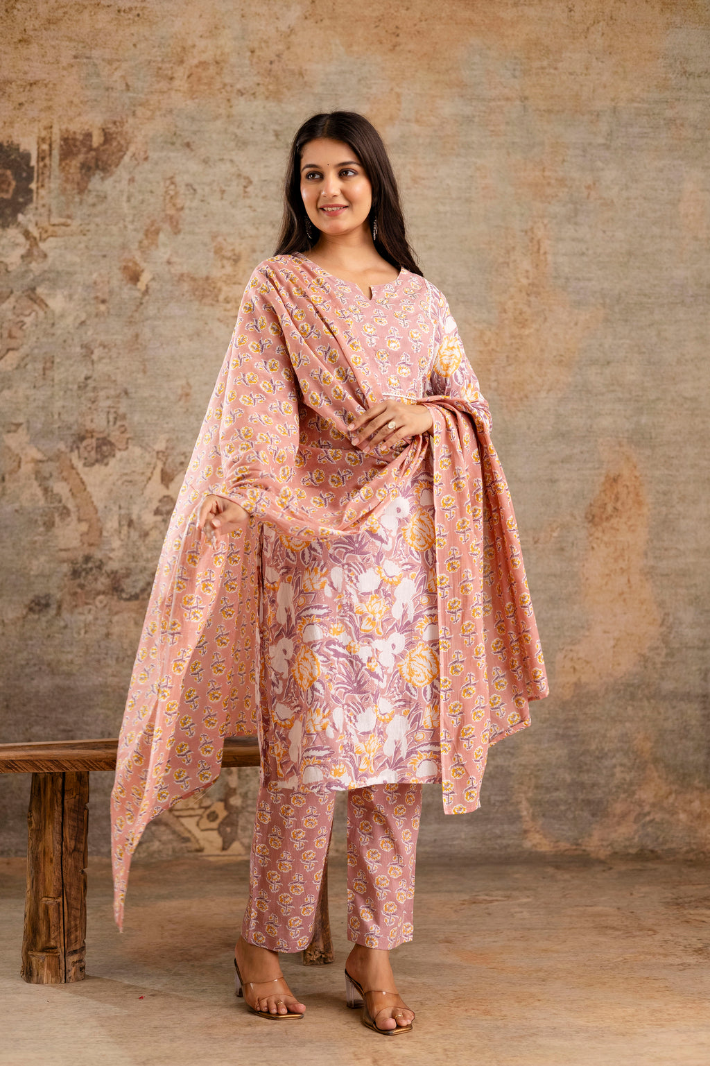 Pure cotton floral print Hand work Kurta pant dupatta set