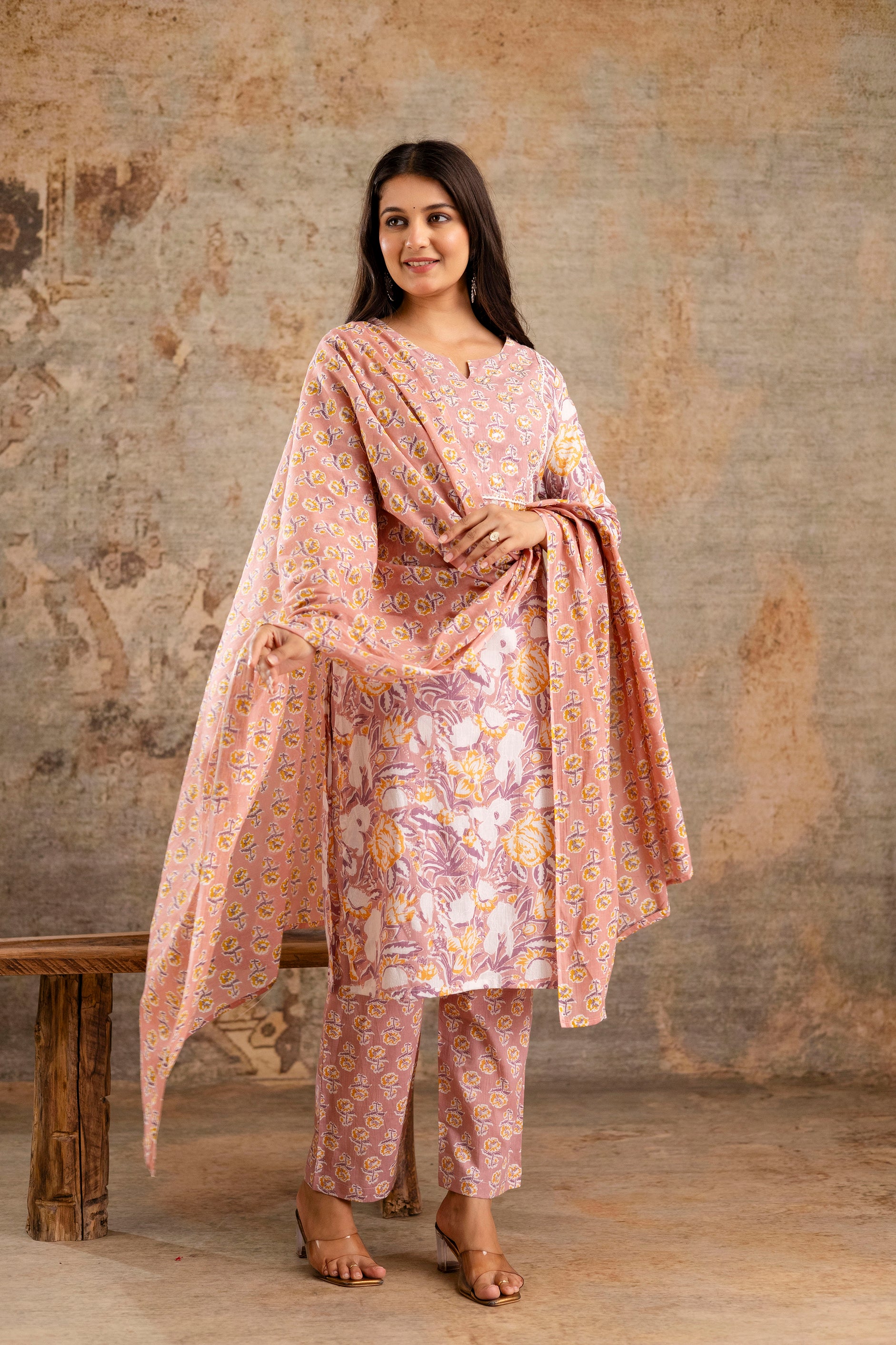 Pure cotton floral print Hand work Kurta pant dupatta set