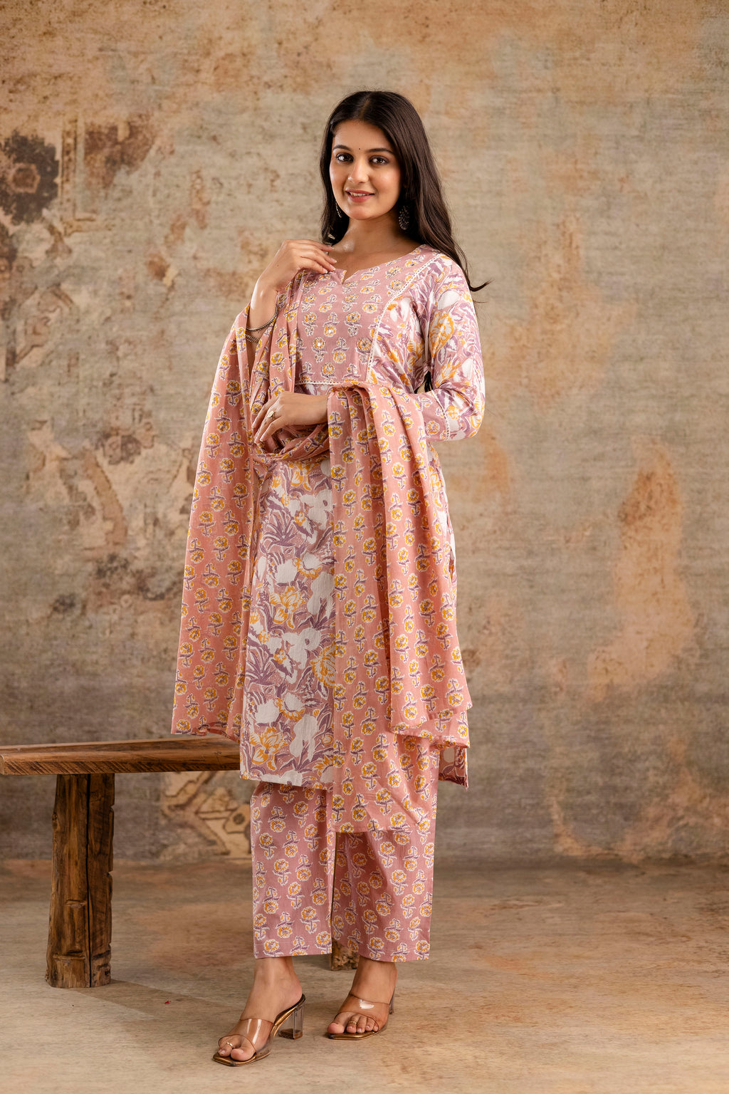 Pure cotton floral print Hand work Kurta pant dupatta set