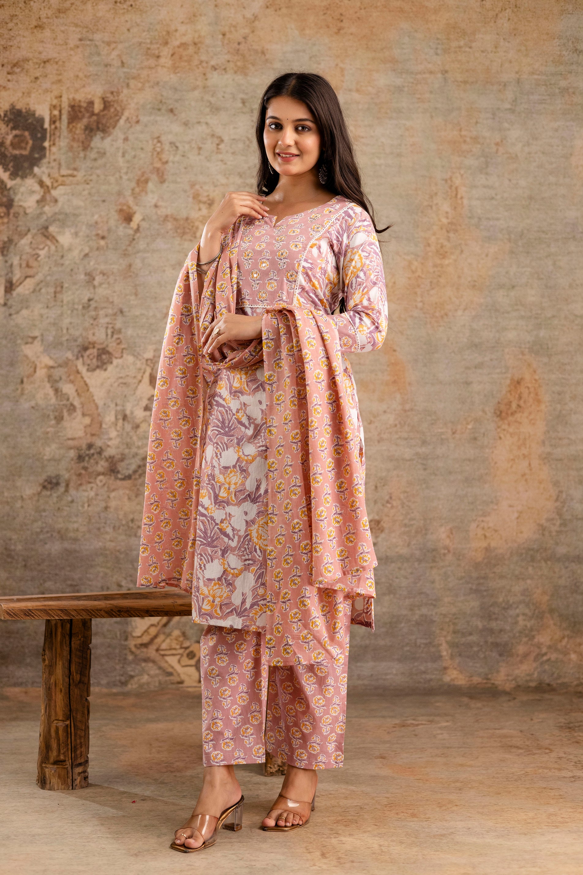 Pure cotton floral print Hand work Kurta pant dupatta set
