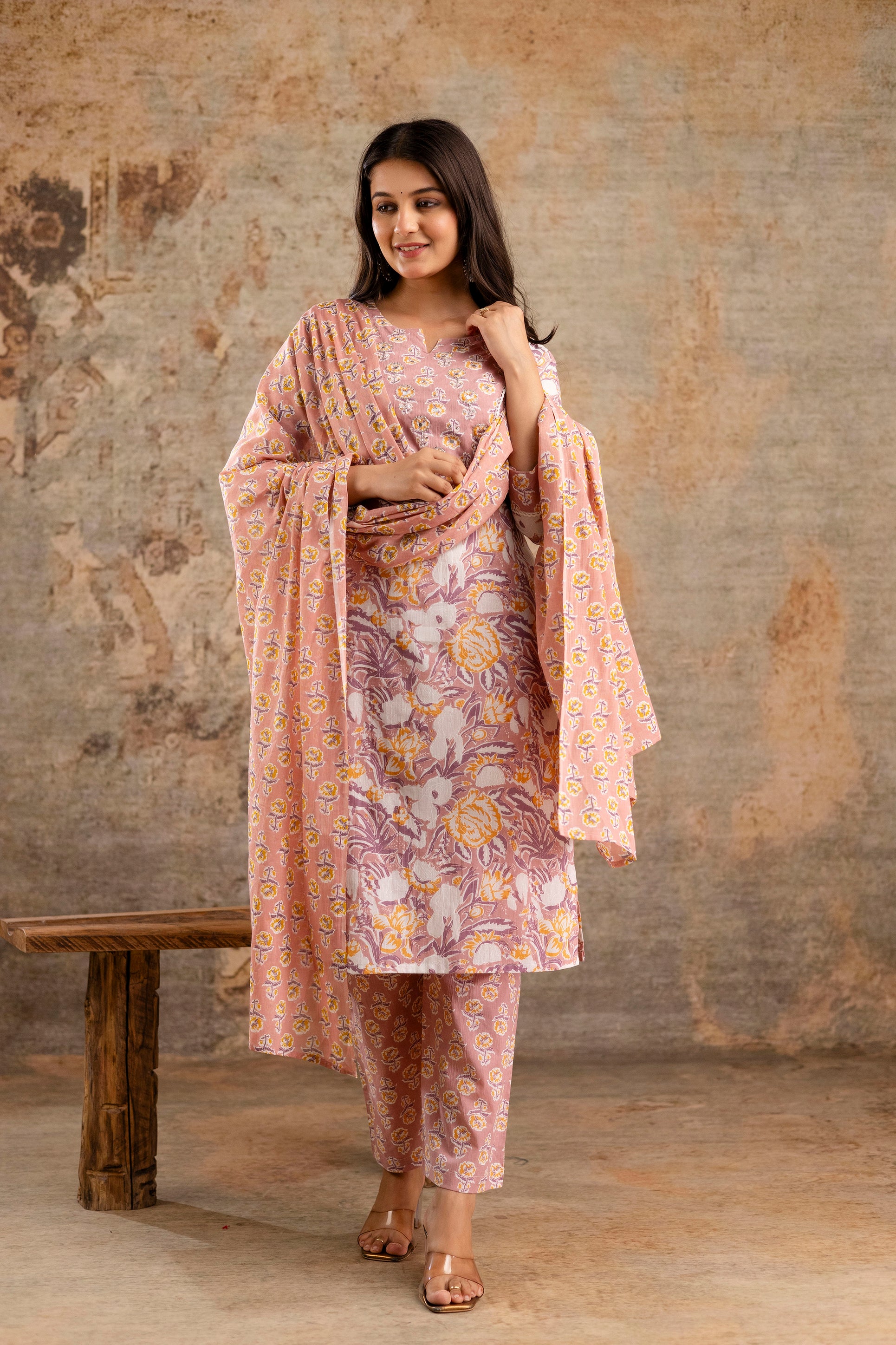 Pure cotton floral print Hand work Kurta pant dupatta set