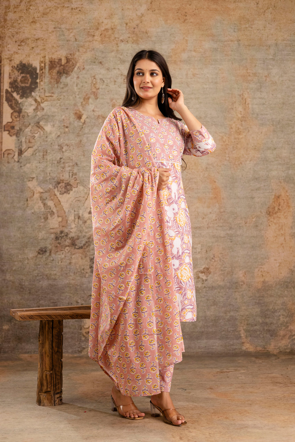 Pure cotton floral print Hand work Kurta pant dupatta set