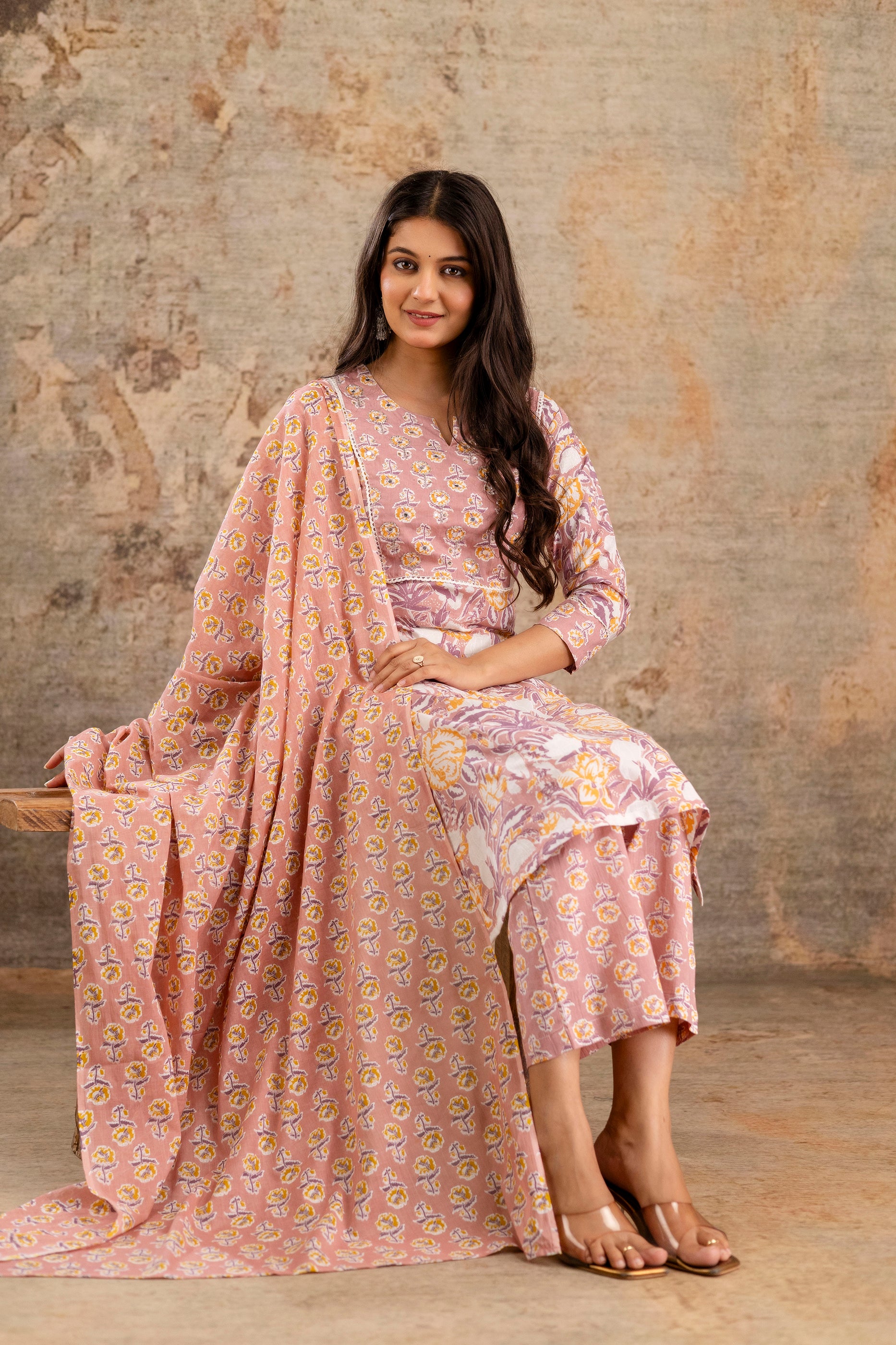 Pure cotton floral print Hand work Kurta pant dupatta set