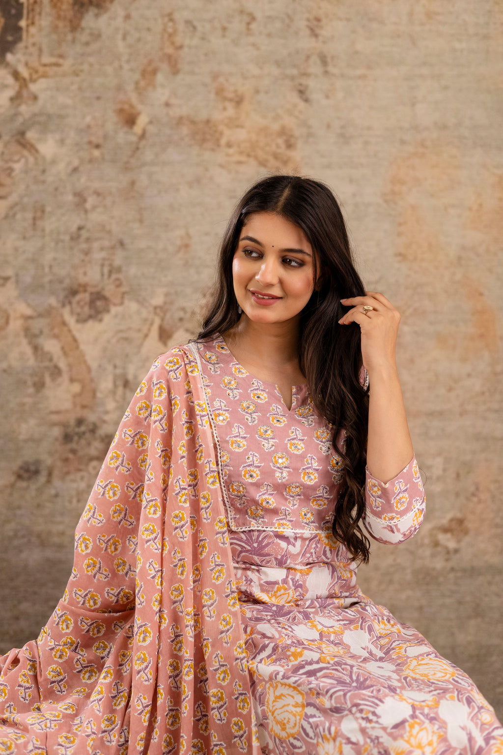 Pure cotton floral print Hand work Kurta pant dupatta set