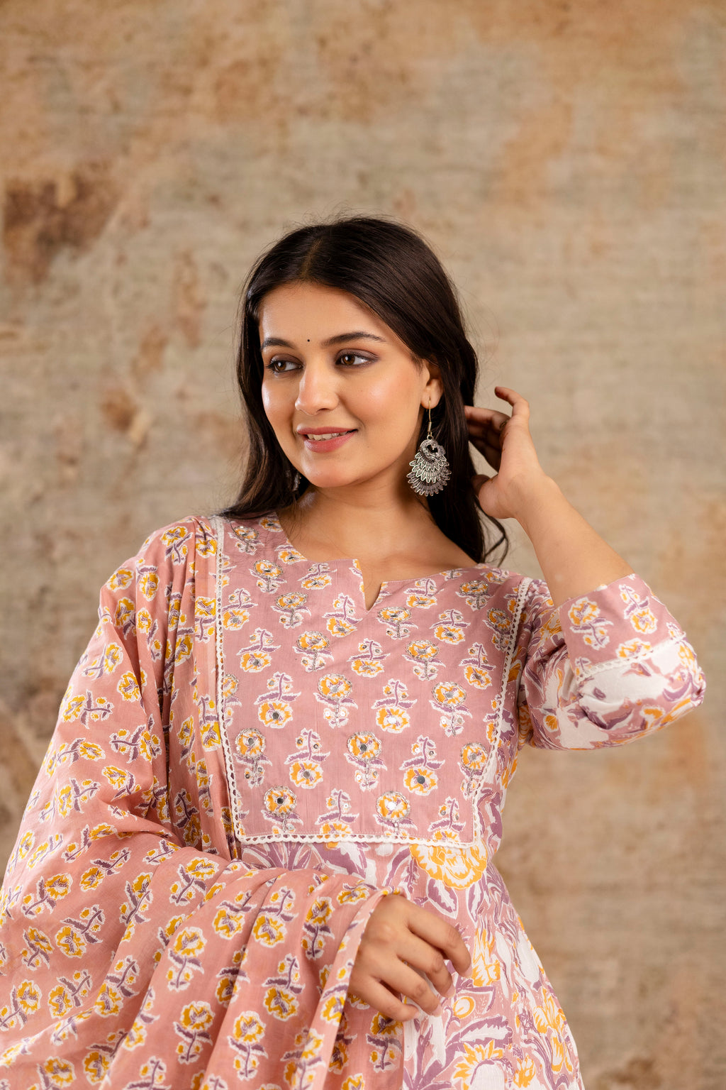Pure cotton floral print Hand work Kurta pant dupatta set