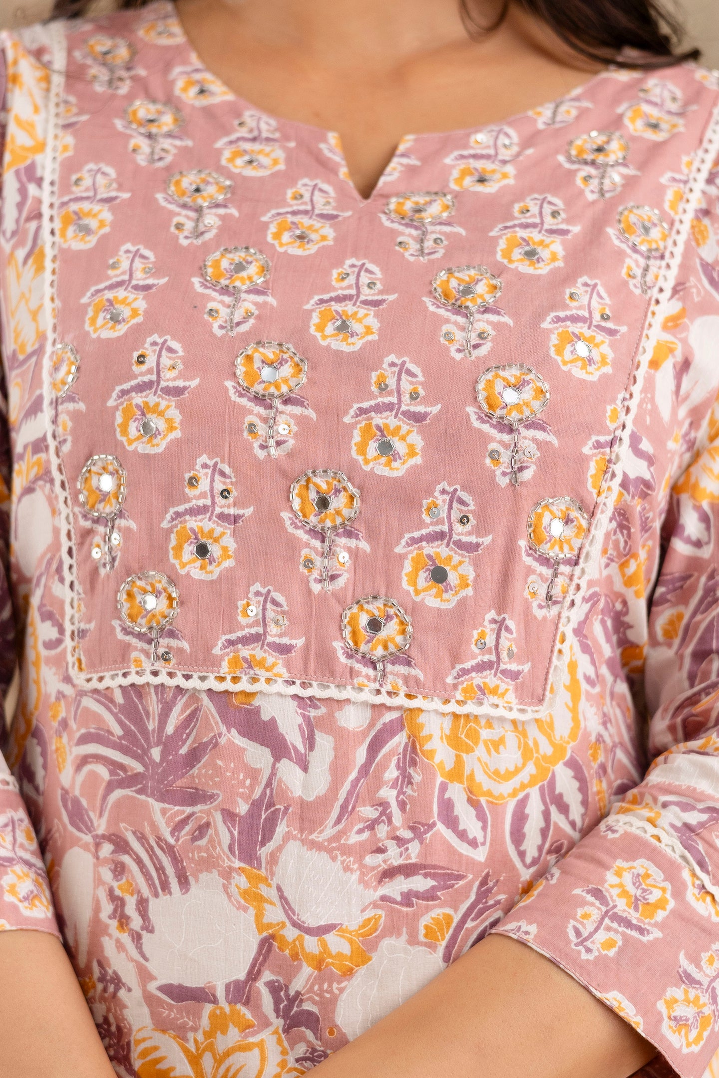 Pure cotton floral print Hand work Kurta pant dupatta set