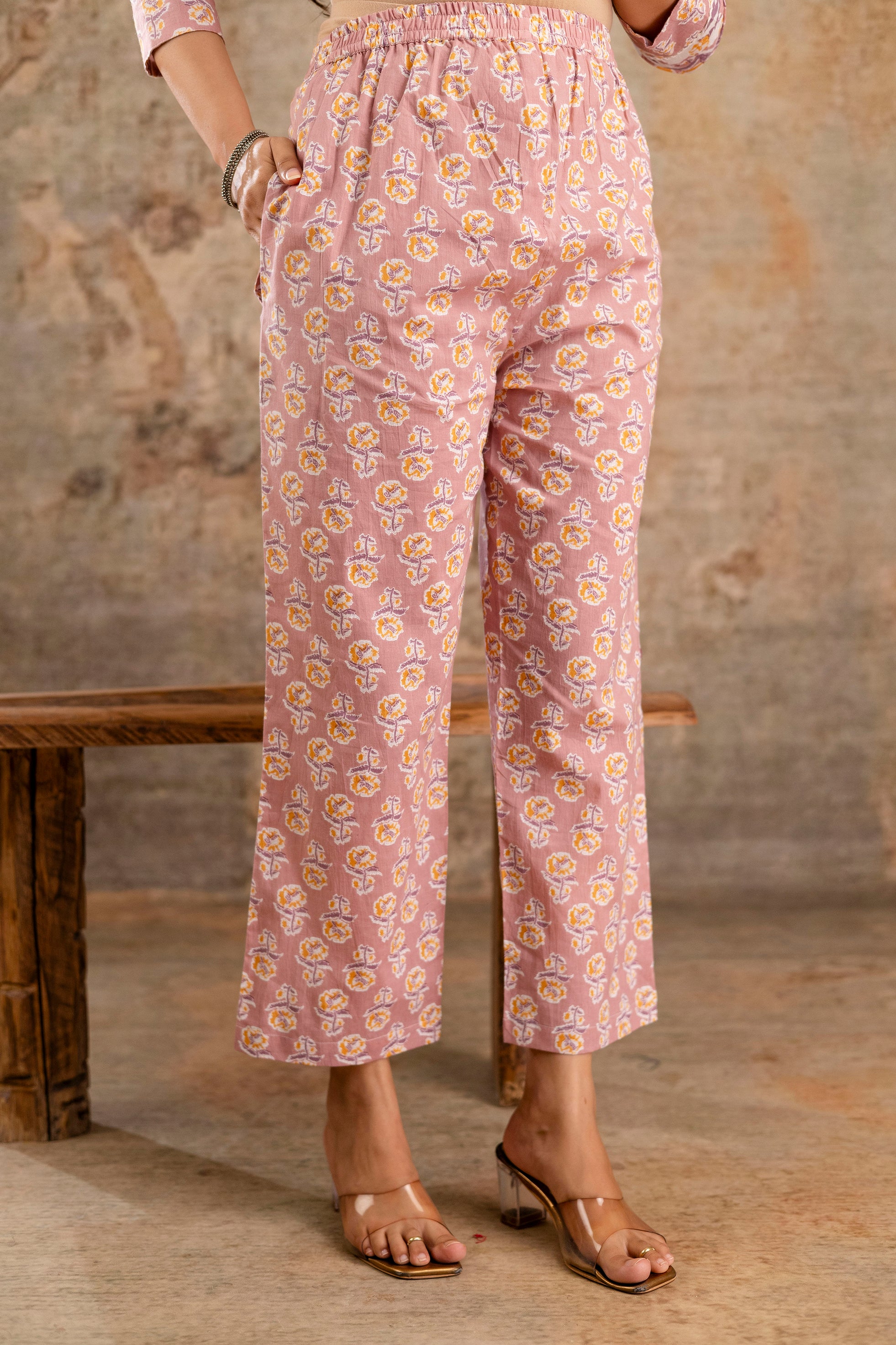 Pure cotton floral print Hand work Kurta pant dupatta set