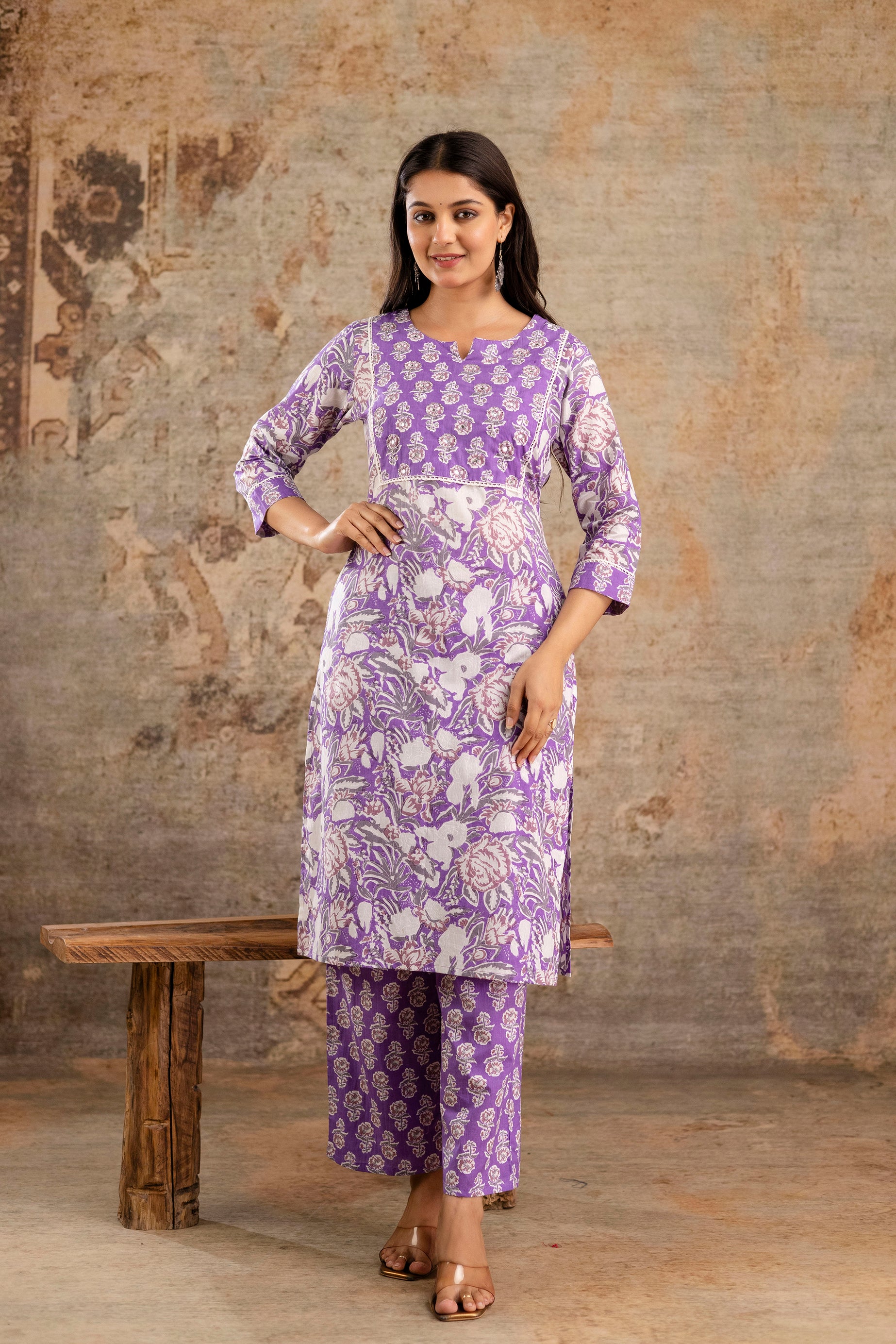 Pure cotton floral print Hand work Kurta pant dupatta set