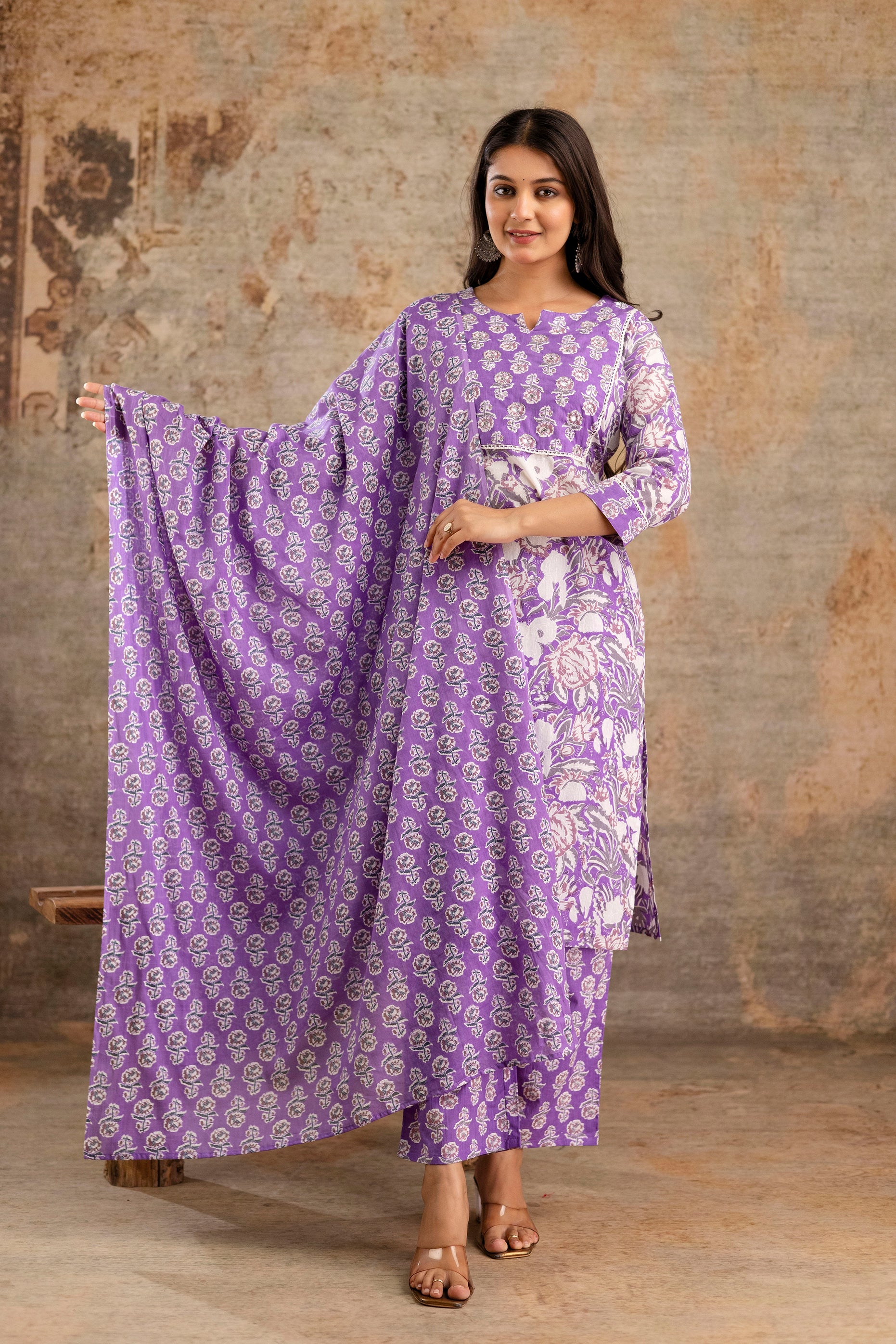 Pure cotton floral print Hand work Kurta pant dupatta set