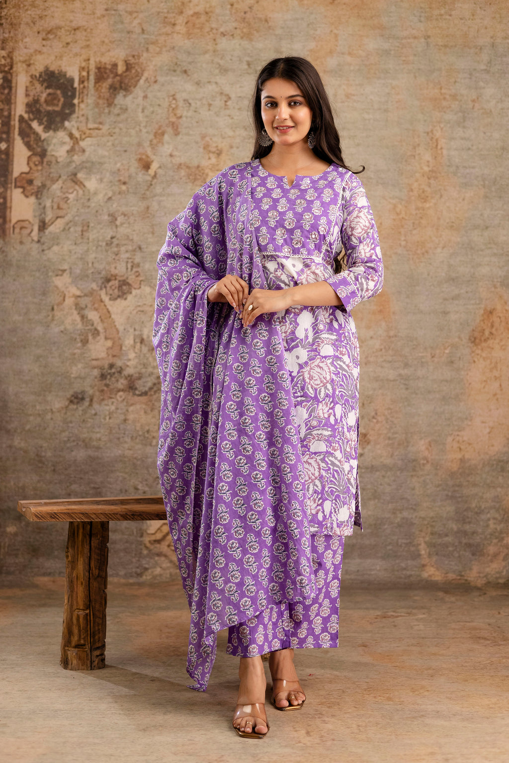 Pure cotton floral print Hand work Kurta pant dupatta set