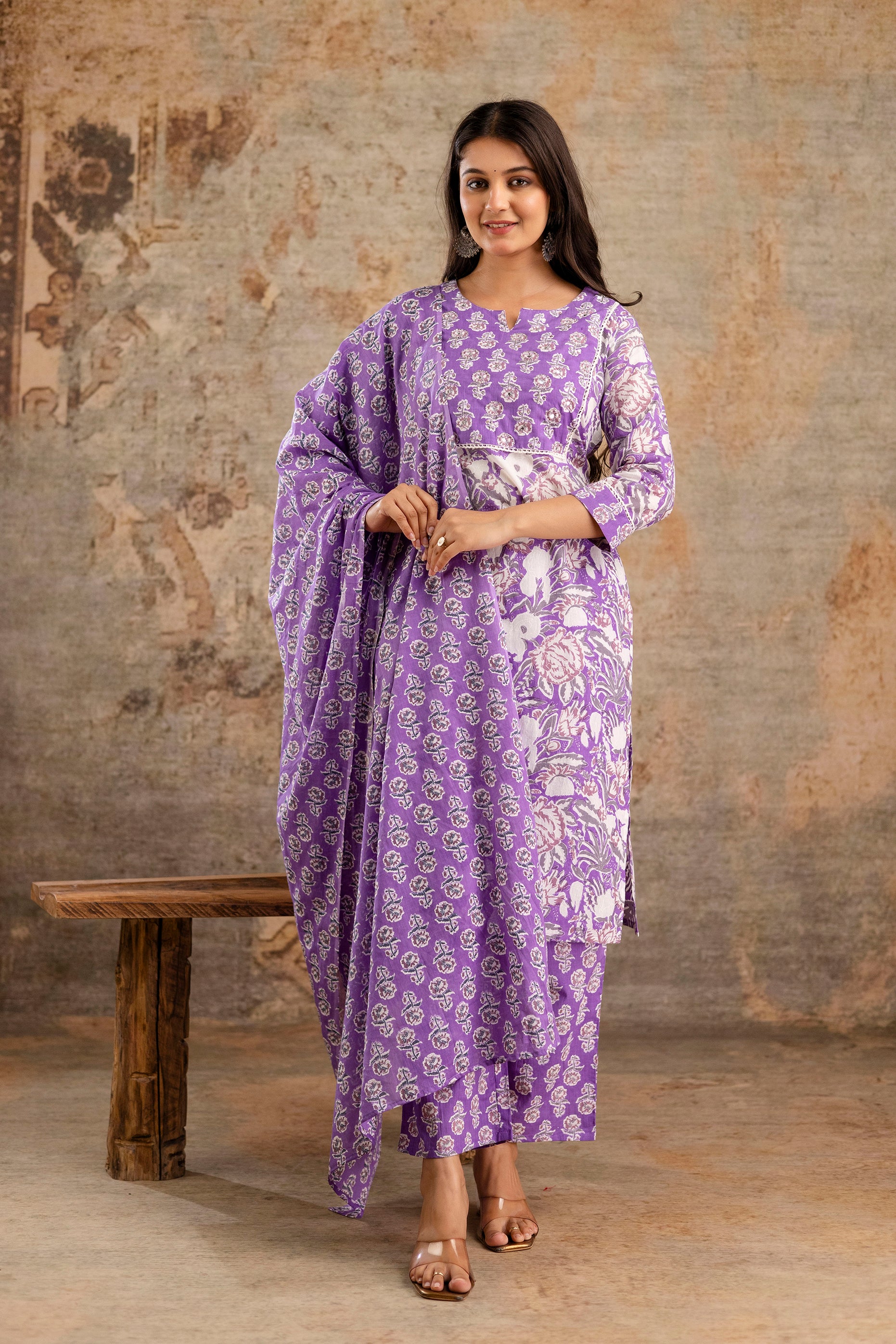Pure cotton floral print Hand work Kurta pant dupatta set