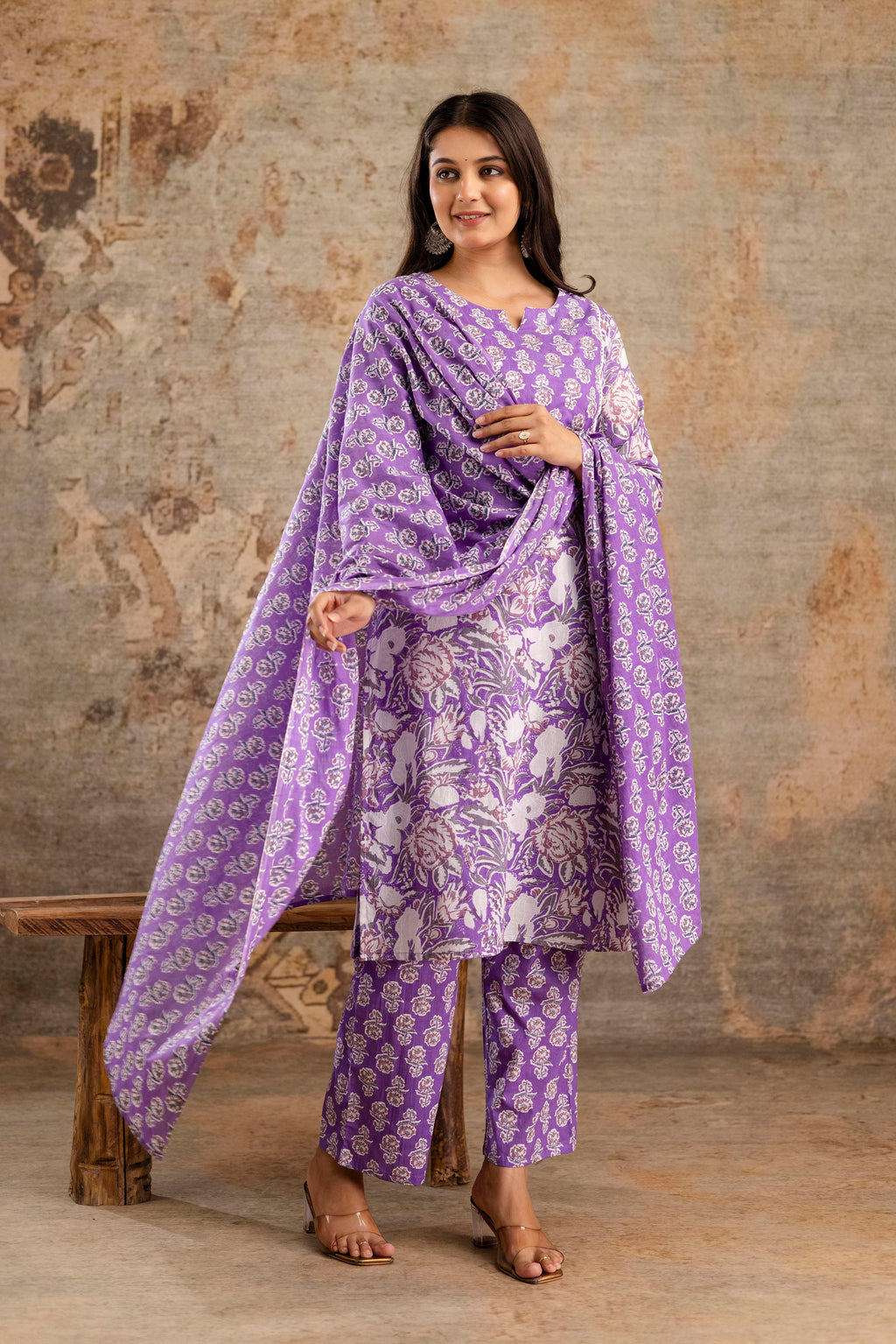 Pure cotton floral print Hand work Kurta pant dupatta set
