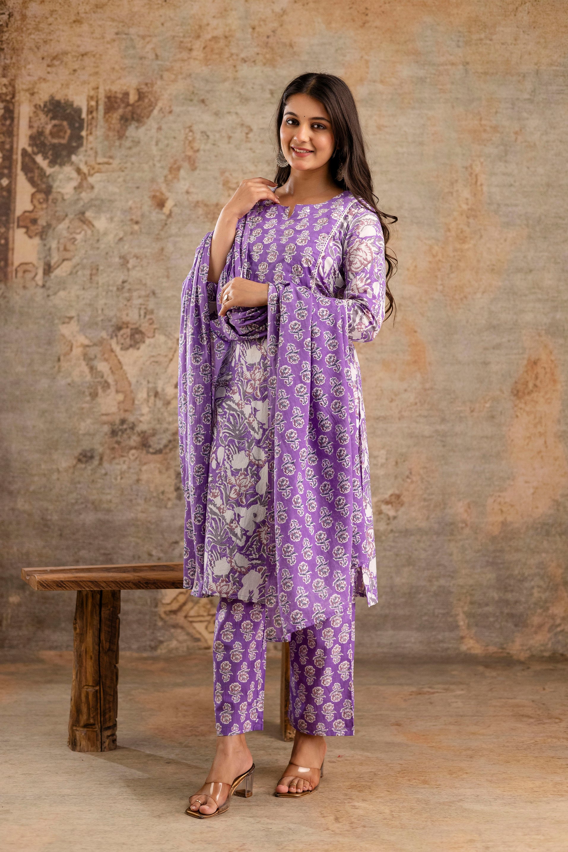 Pure cotton floral print Hand work Kurta pant dupatta set