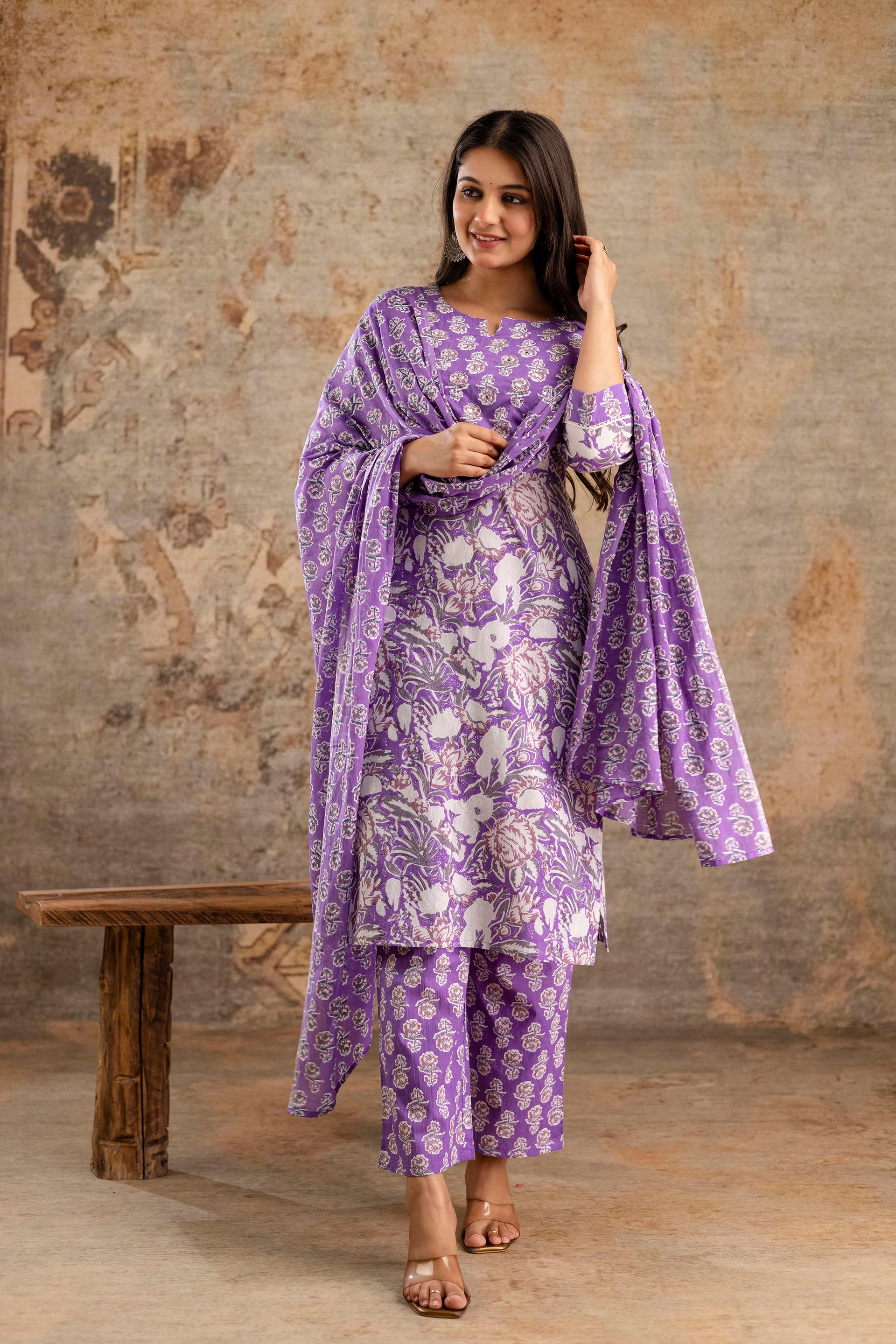 Pure cotton floral print Hand work Kurta pant dupatta set