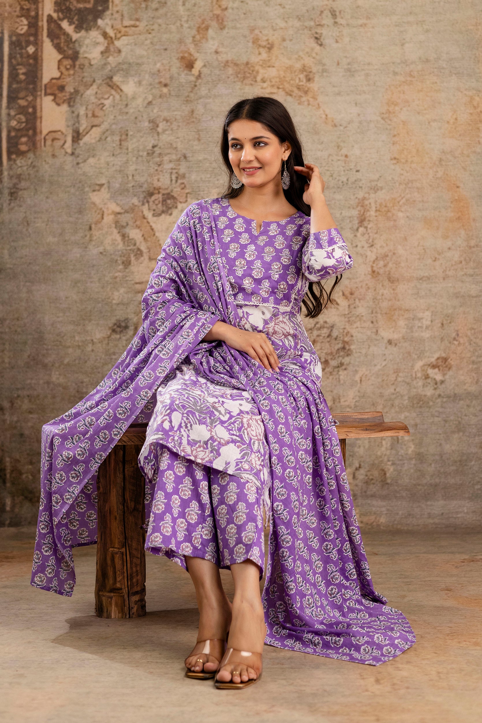 Pure cotton floral print Hand work Kurta pant dupatta set