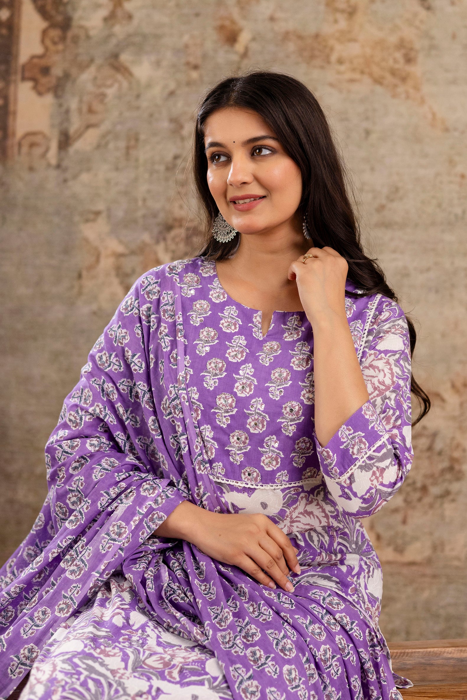 Pure cotton floral print Hand work Kurta pant dupatta set
