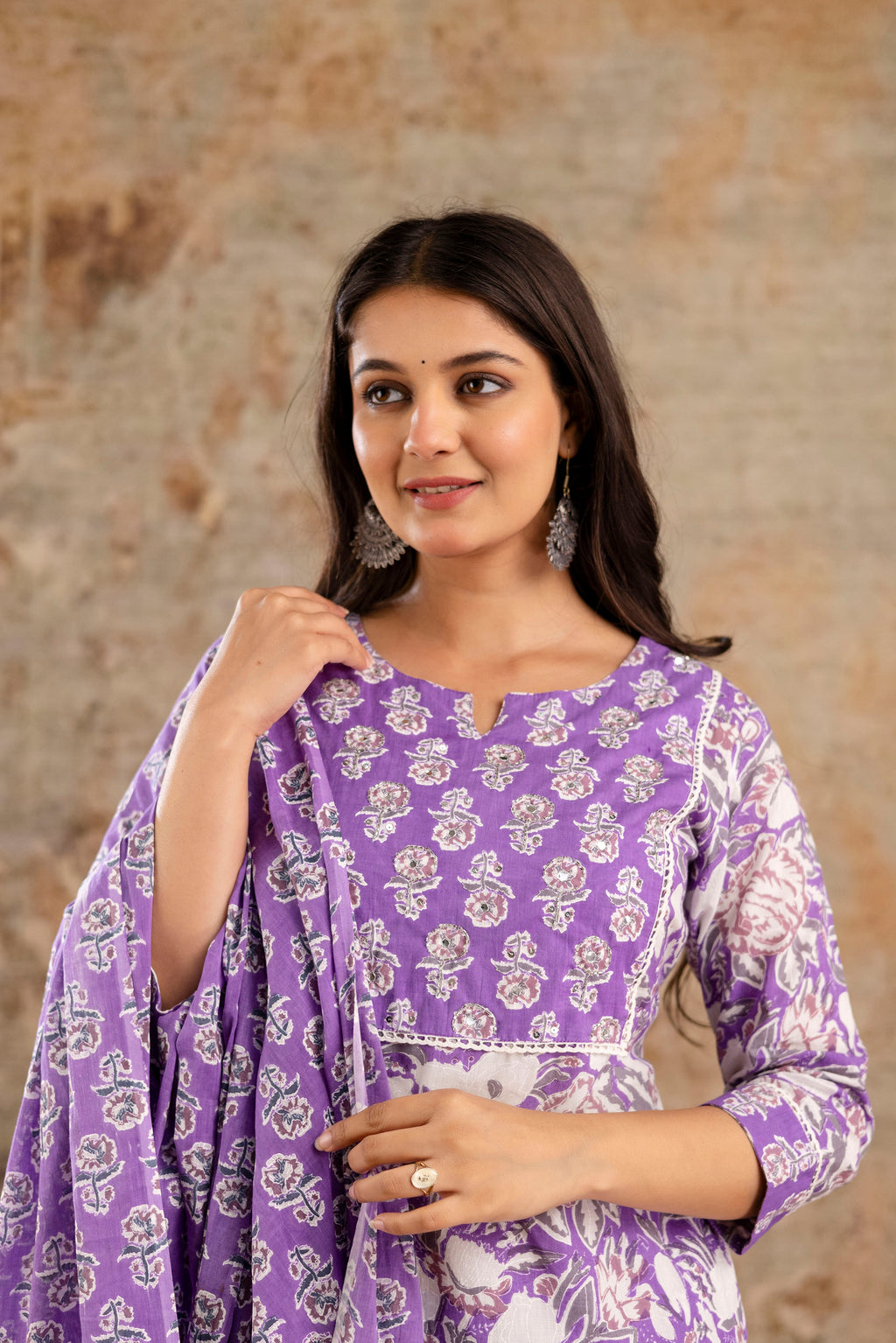 Pure cotton floral print Hand work Kurta pant dupatta set