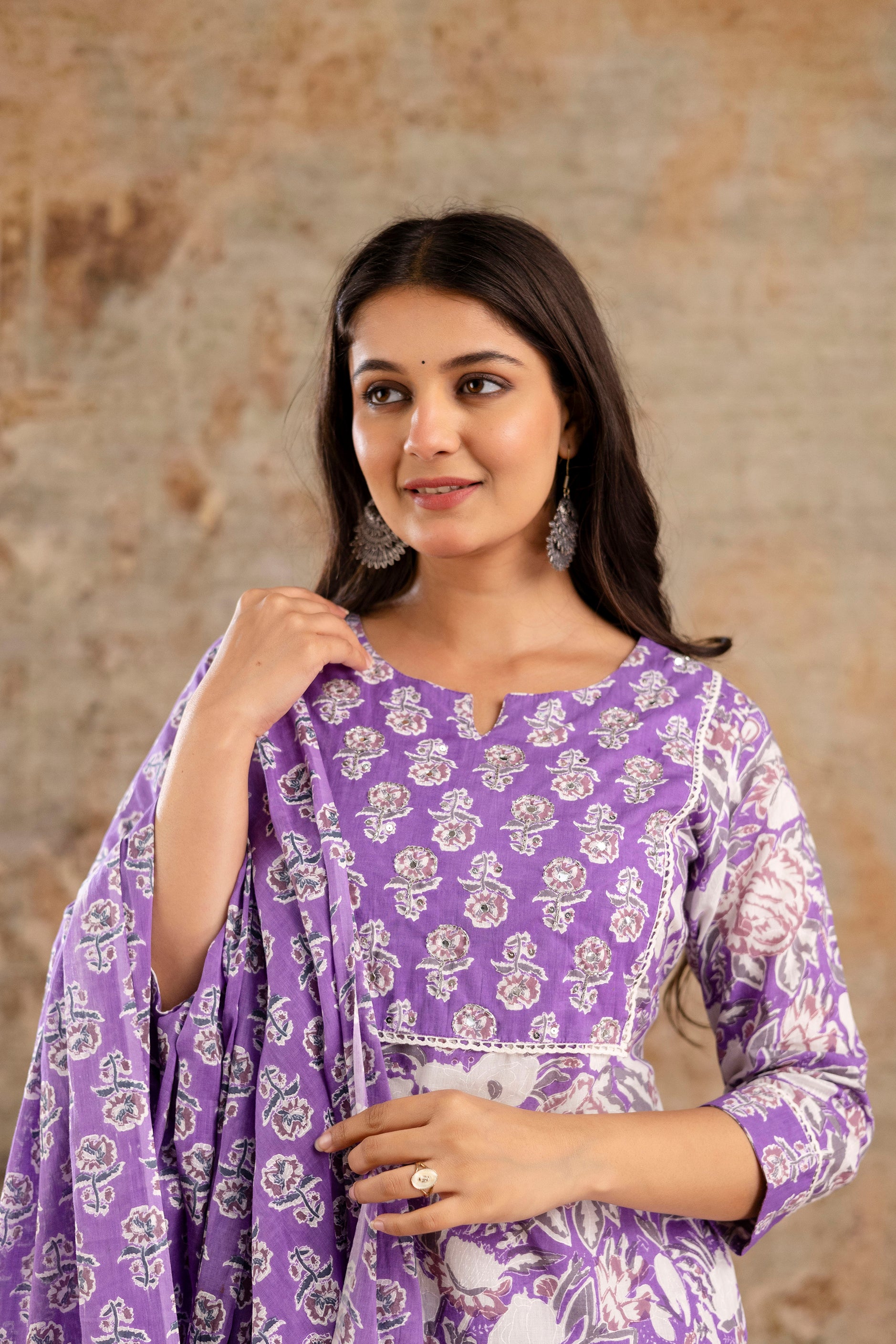 Pure cotton floral print Hand work Kurta pant dupatta set