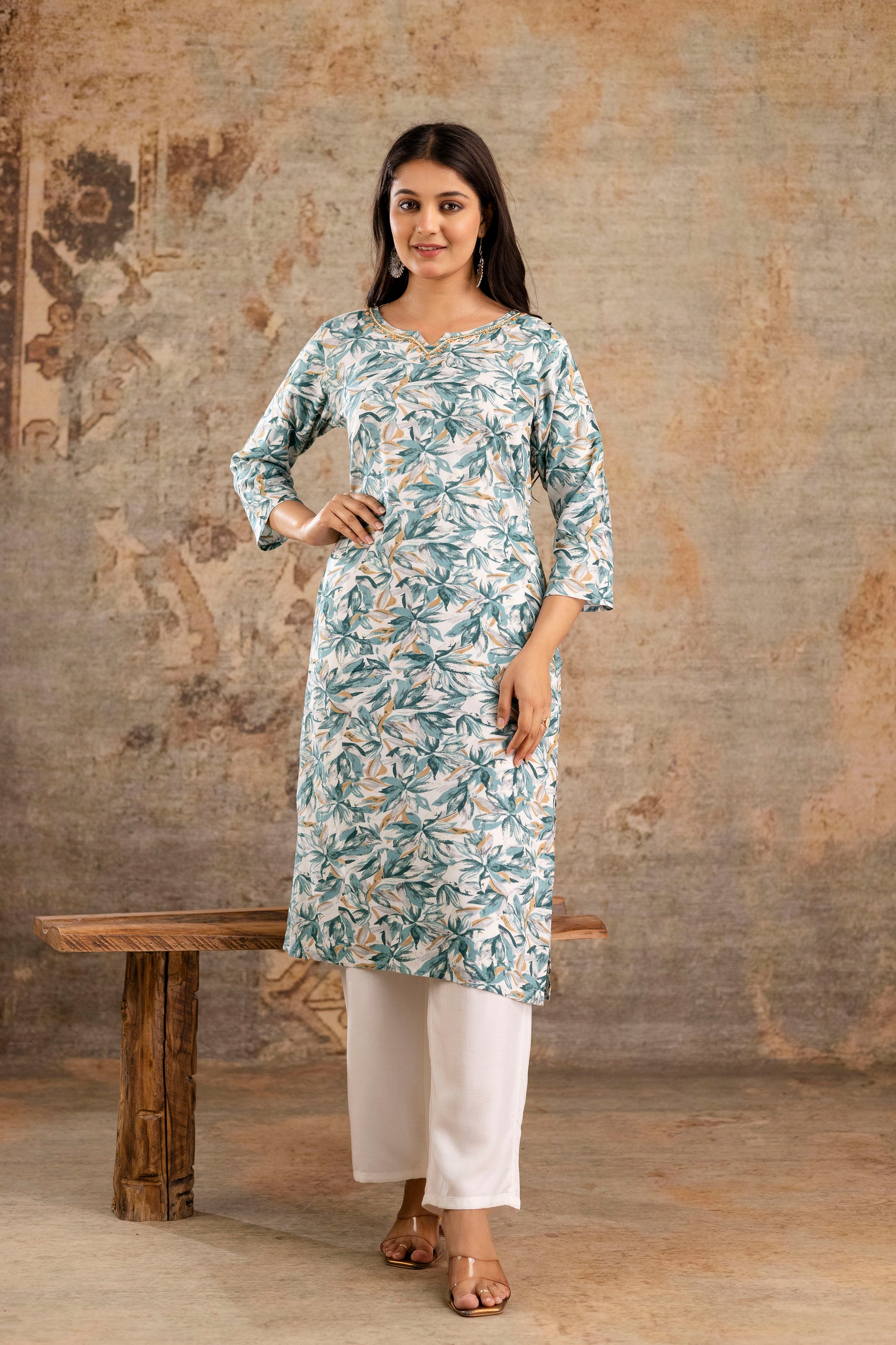 Womens Rayon foil printed straight kurta pant dupatta set