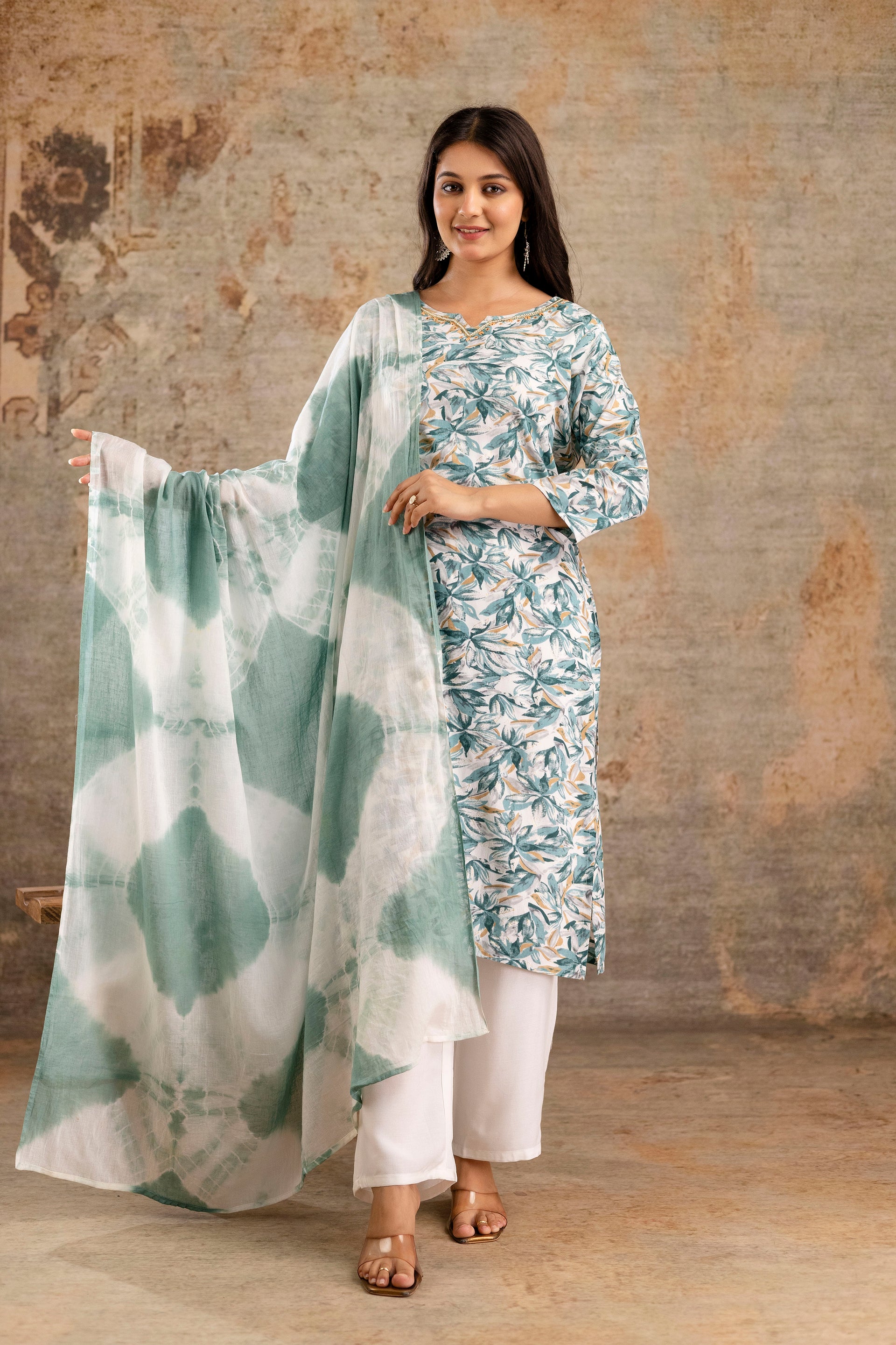 Womens Rayon foil printed straight kurta pant dupatta set