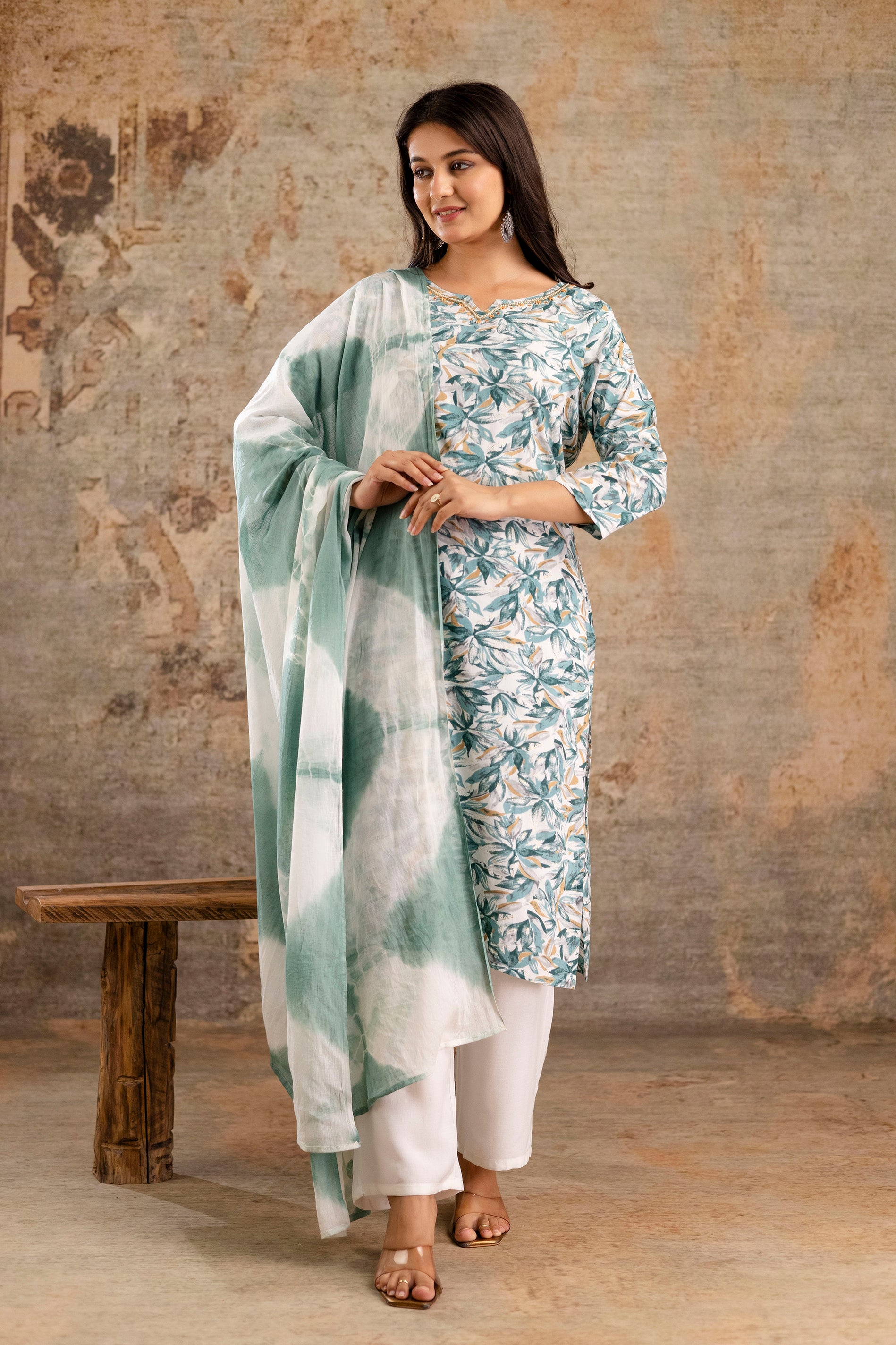 Womens Rayon foil printed straight kurta pant dupatta set