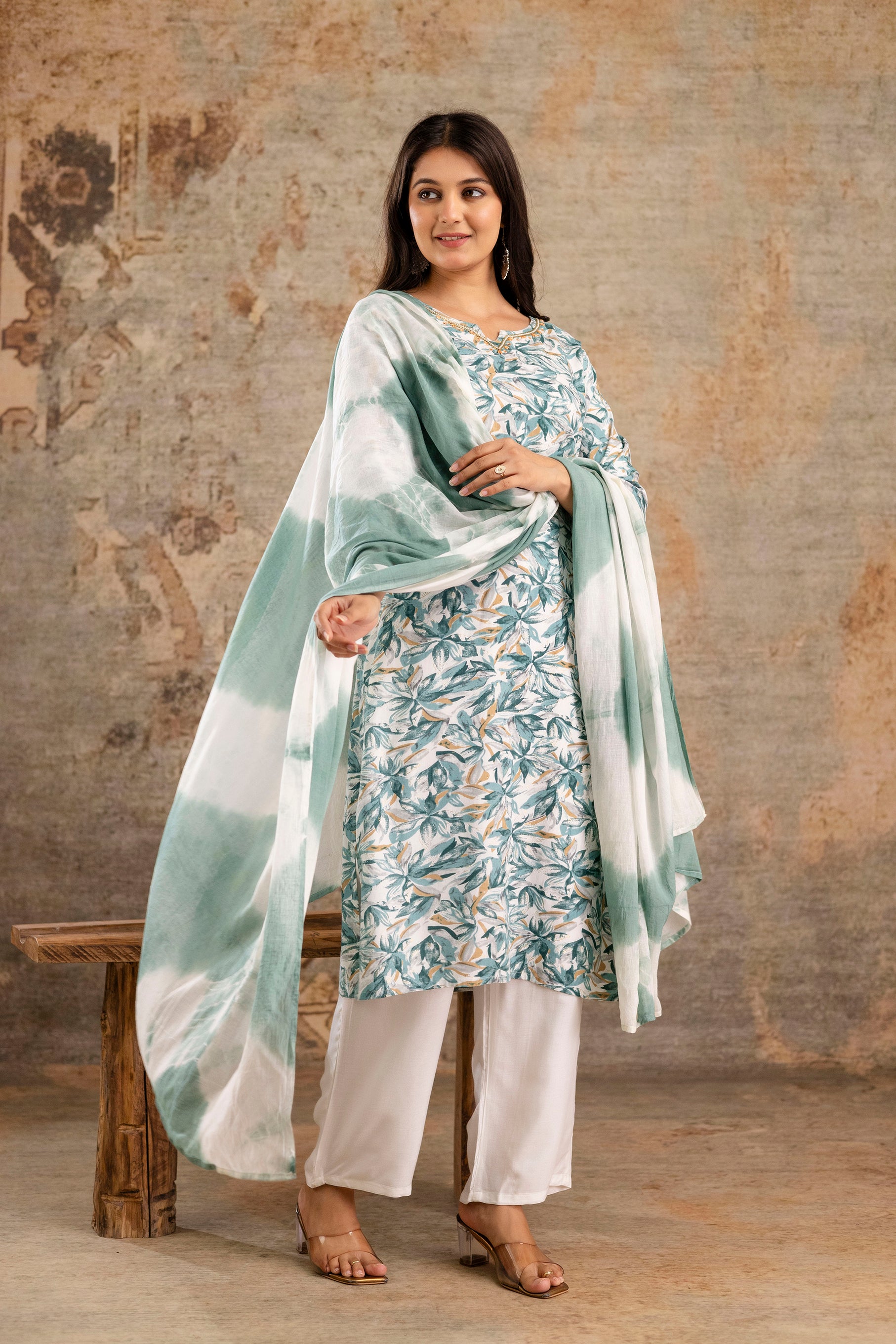 Womens Rayon foil printed straight kurta pant dupatta set