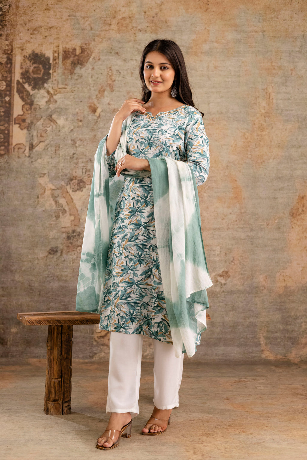 Womens Rayon foil printed straight kurta pant dupatta set