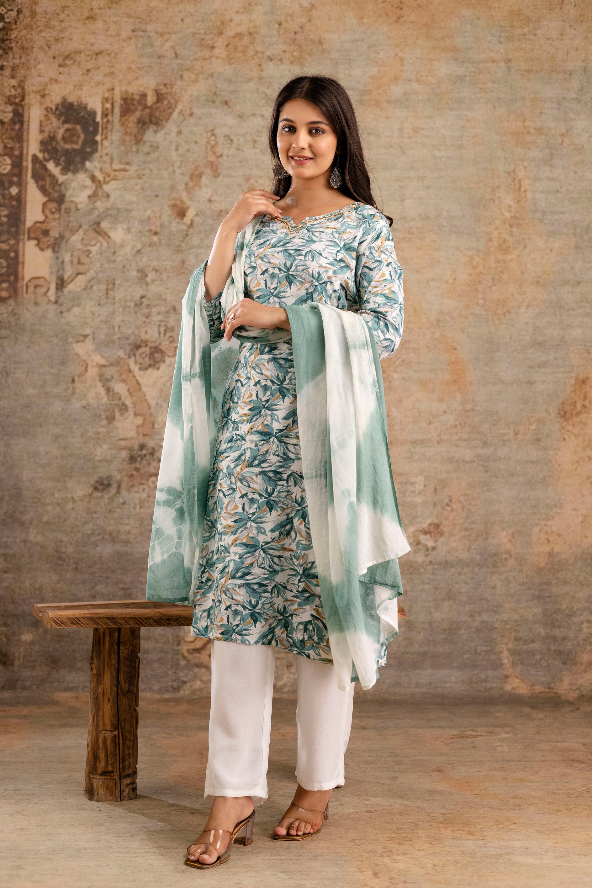 Womens Rayon foil printed straight kurta pant dupatta set