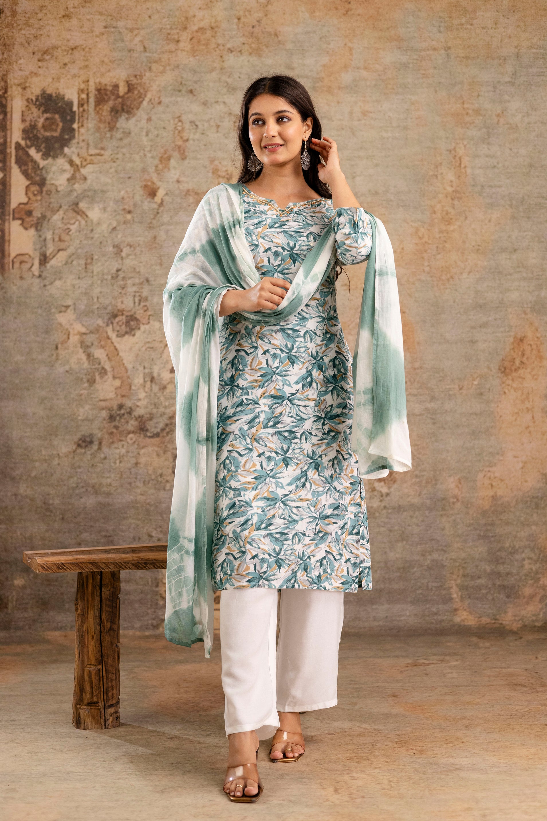 Womens Rayon foil printed straight kurta pant dupatta set