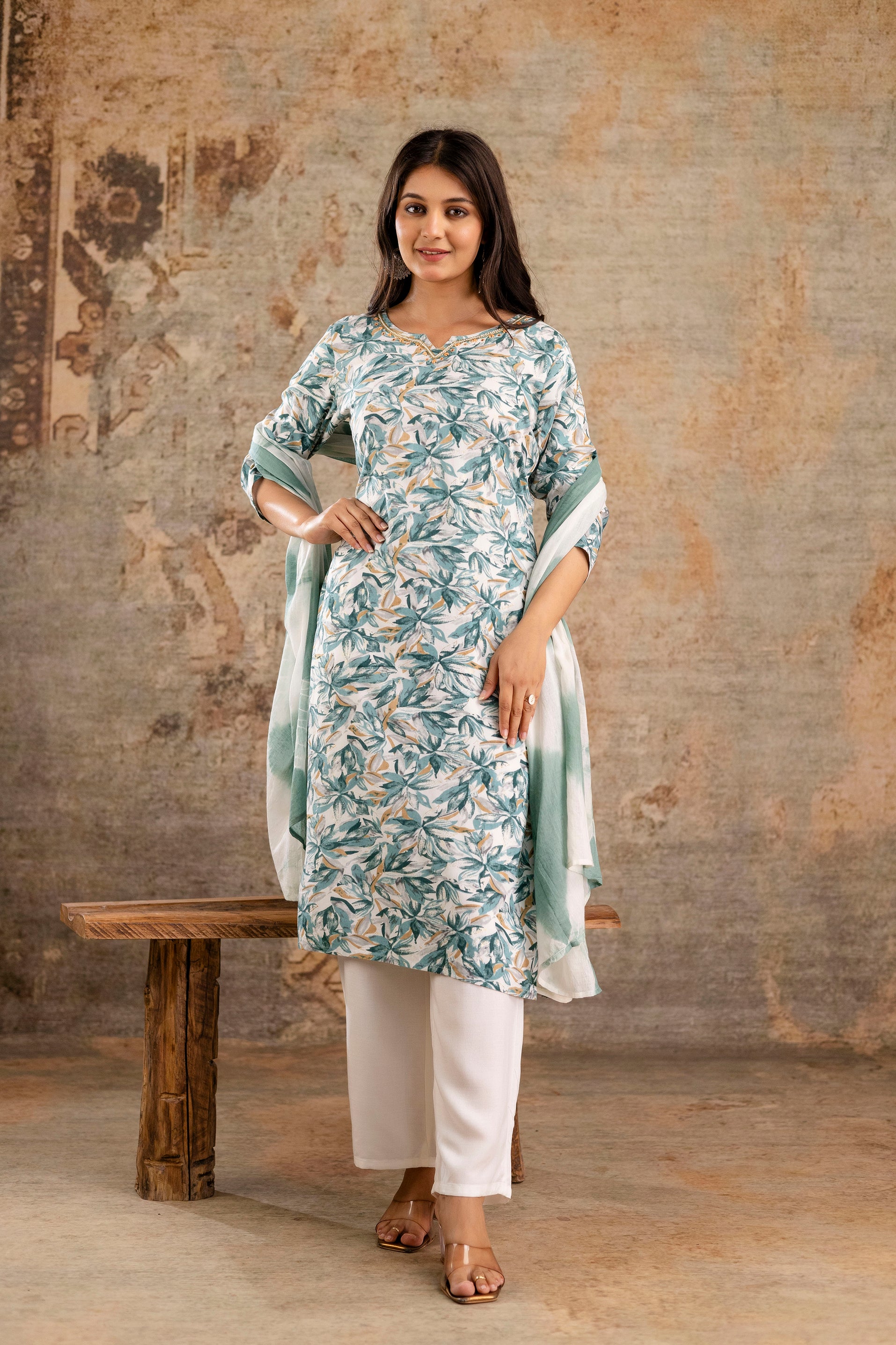 Womens Rayon foil printed straight kurta pant dupatta set