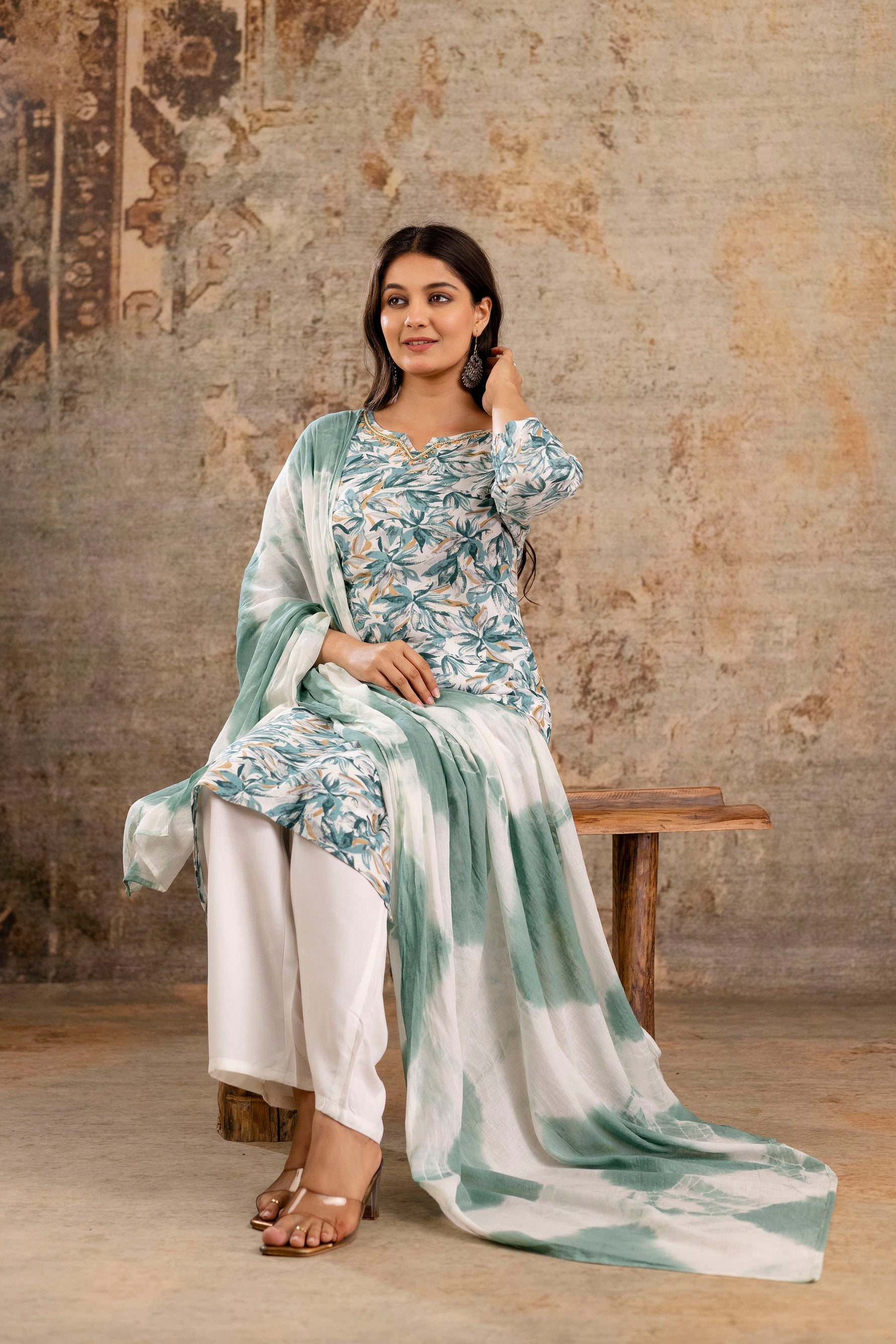 Womens Rayon foil printed straight kurta pant dupatta set