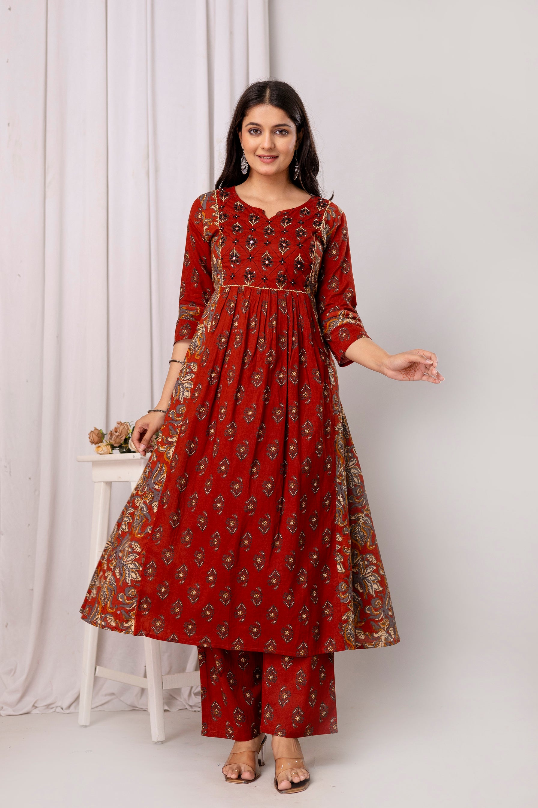 Pure cotton  floral print flared kurta pant dupatta set